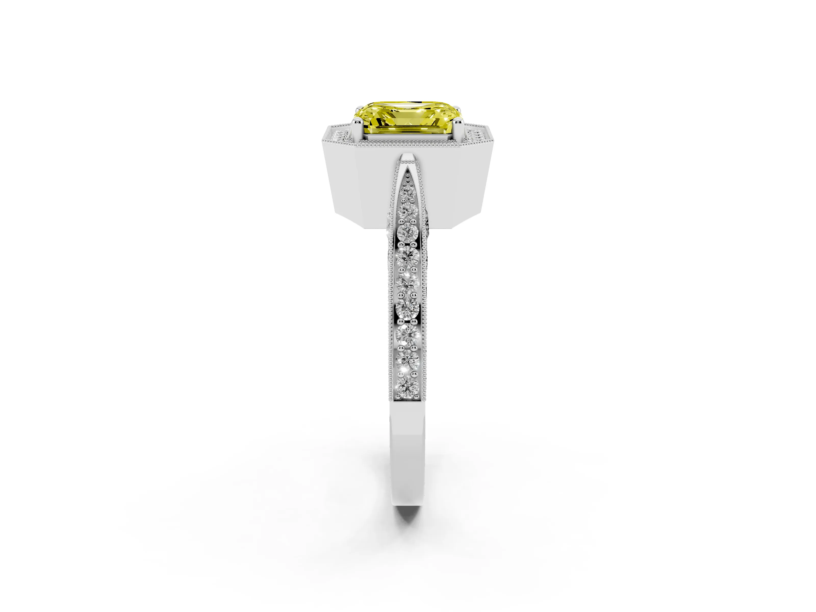 Fancy Yellow Asscher Cut Diamond Halo Engagement Ring Set in Silver with Accent Split Shank Band
