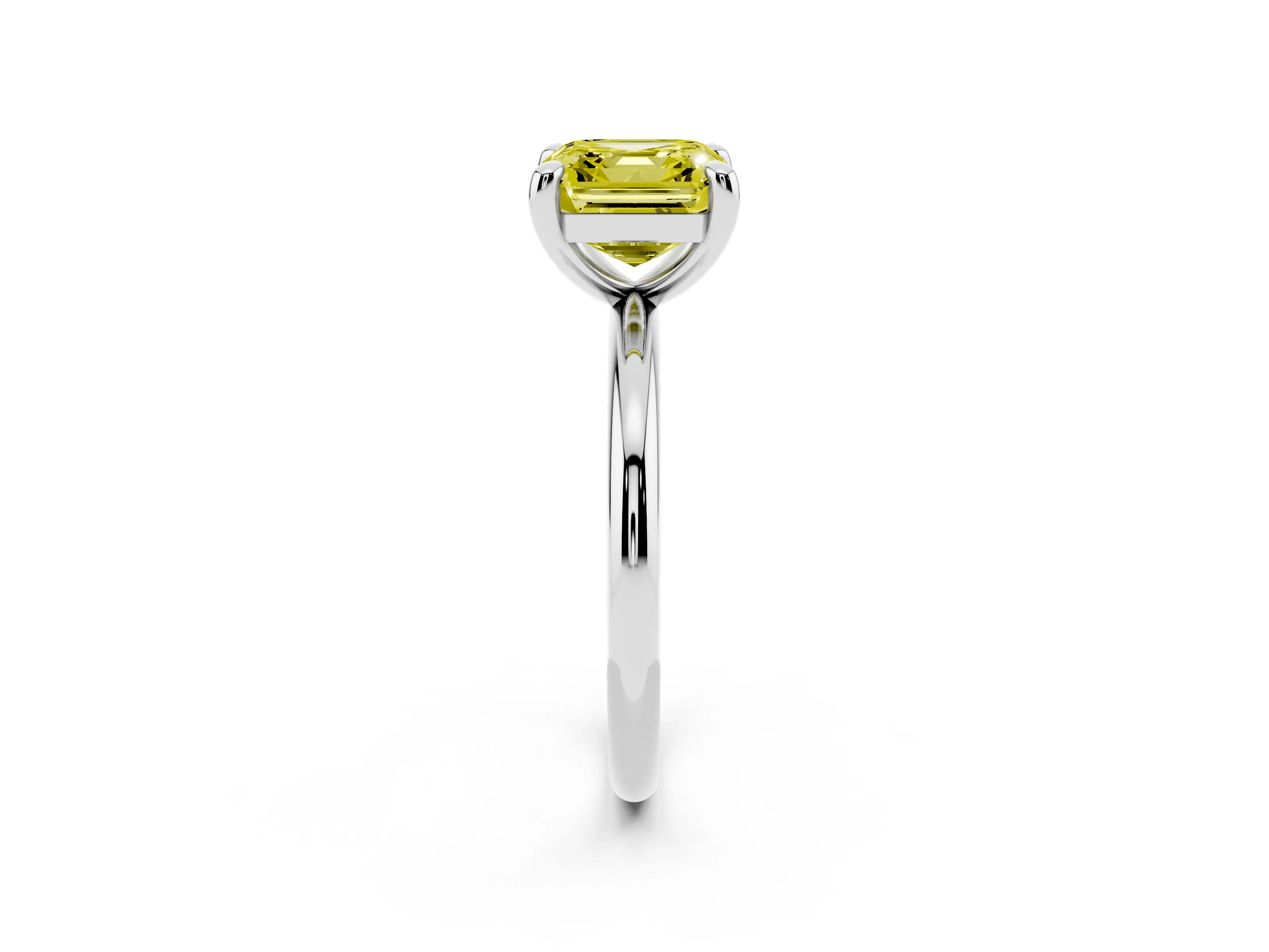 Fancy Yellow Asscher Cut Diamond Solitaire Ring Set in White gold with Prong Setting on a Polished Plain Band