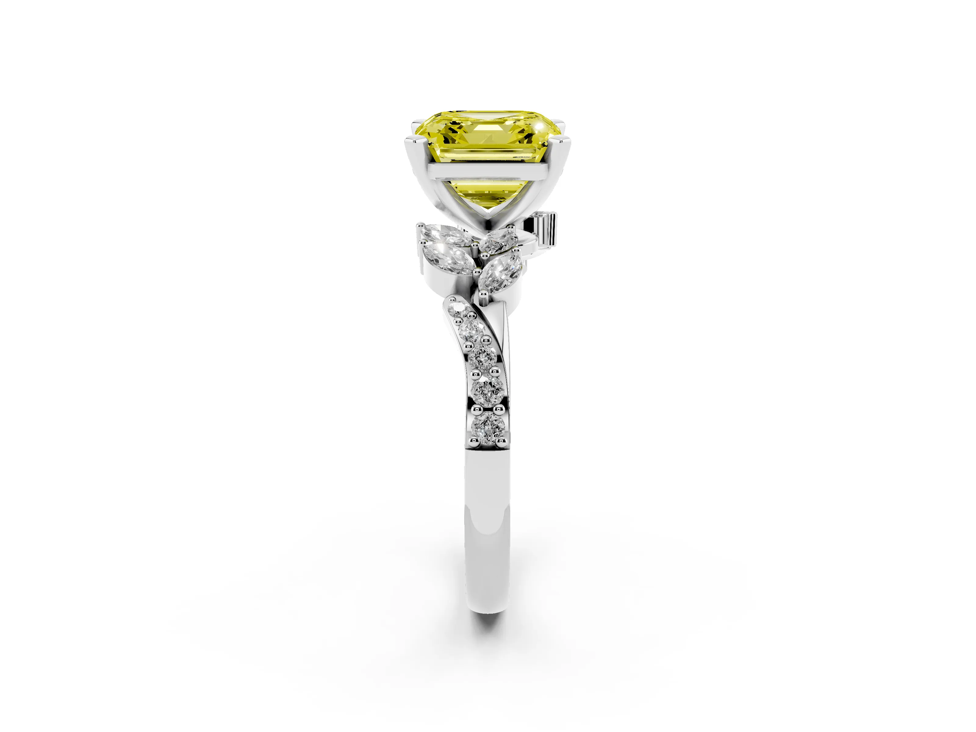 Fancy Yellow Asscher Cut Diamond Solitaire Ring Set in Platinum with Marquise Twist Band and Prong Setting