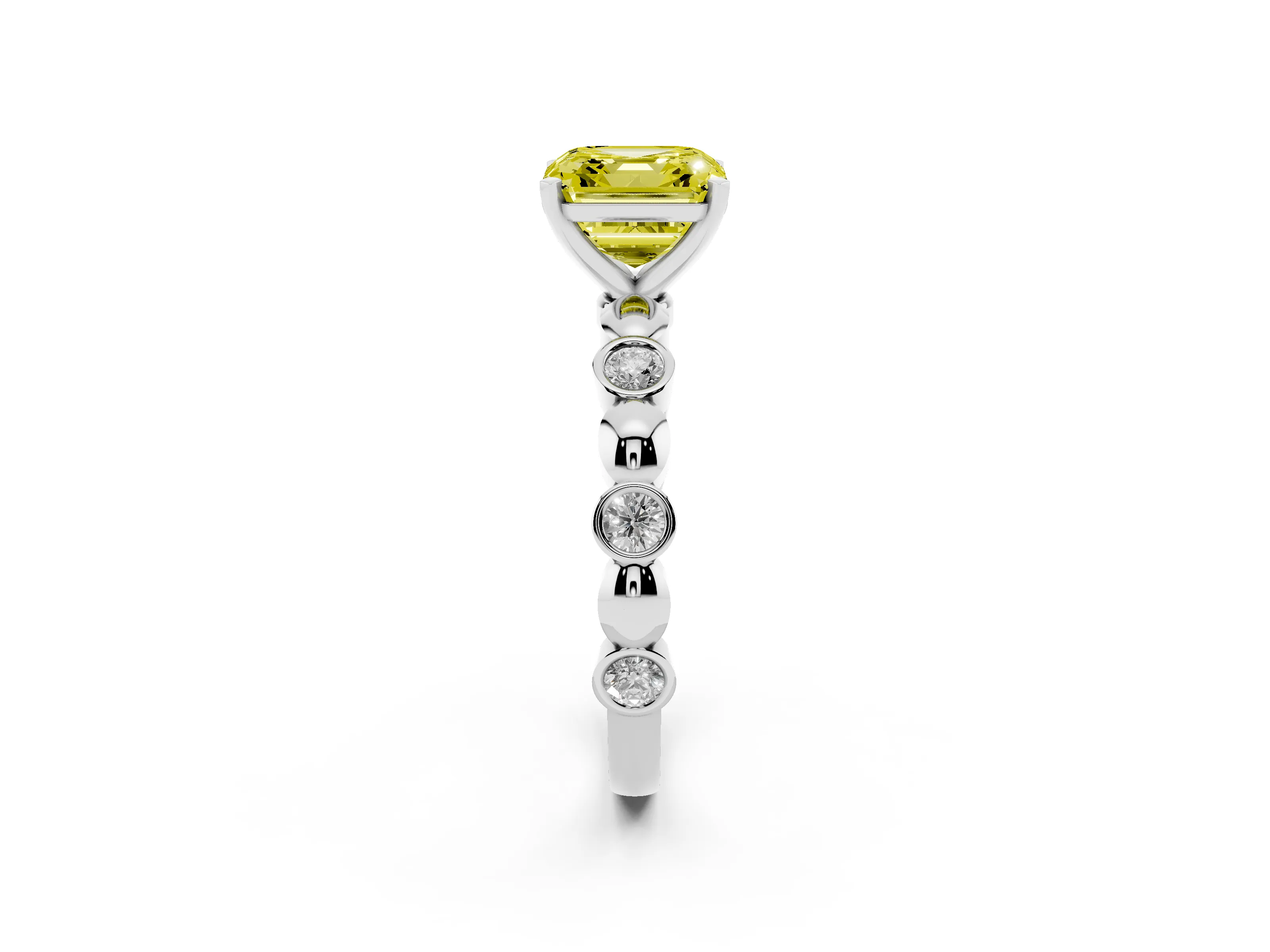 Fancy Yellow Asscher Cut Diamond Solitaire Ring Set in White gold with Bezel-Set Accents on Beaded Band and Prong Setting