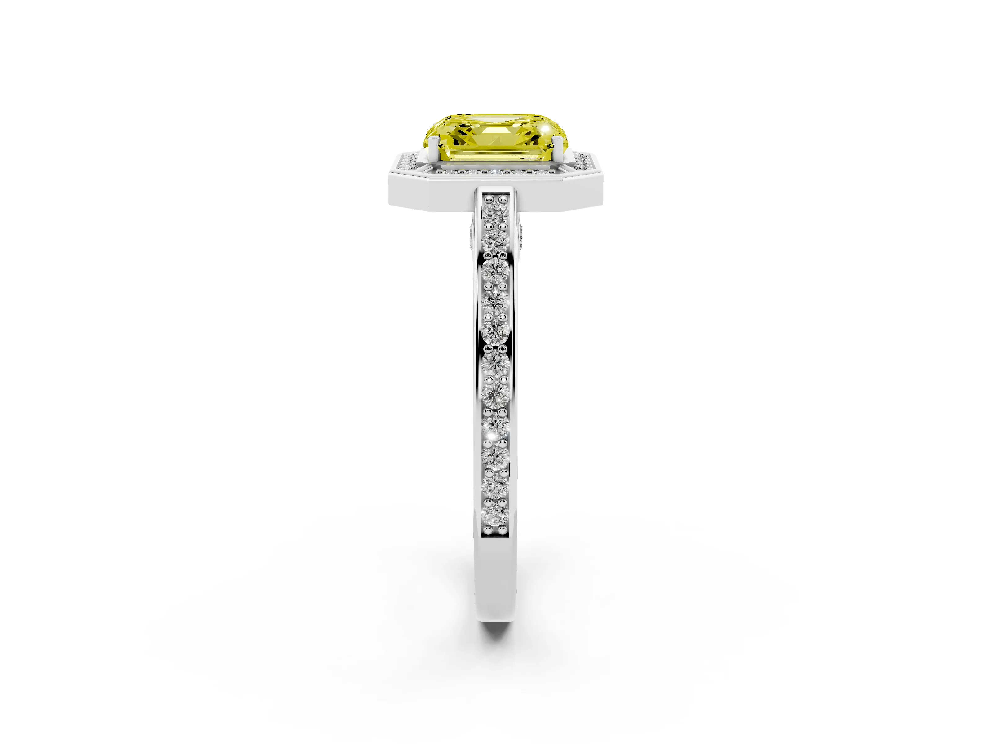 Fancy Yellow Asscher Cut Diamond Halo Pavé Split Shank Ring Set in White gold with Prong Setting