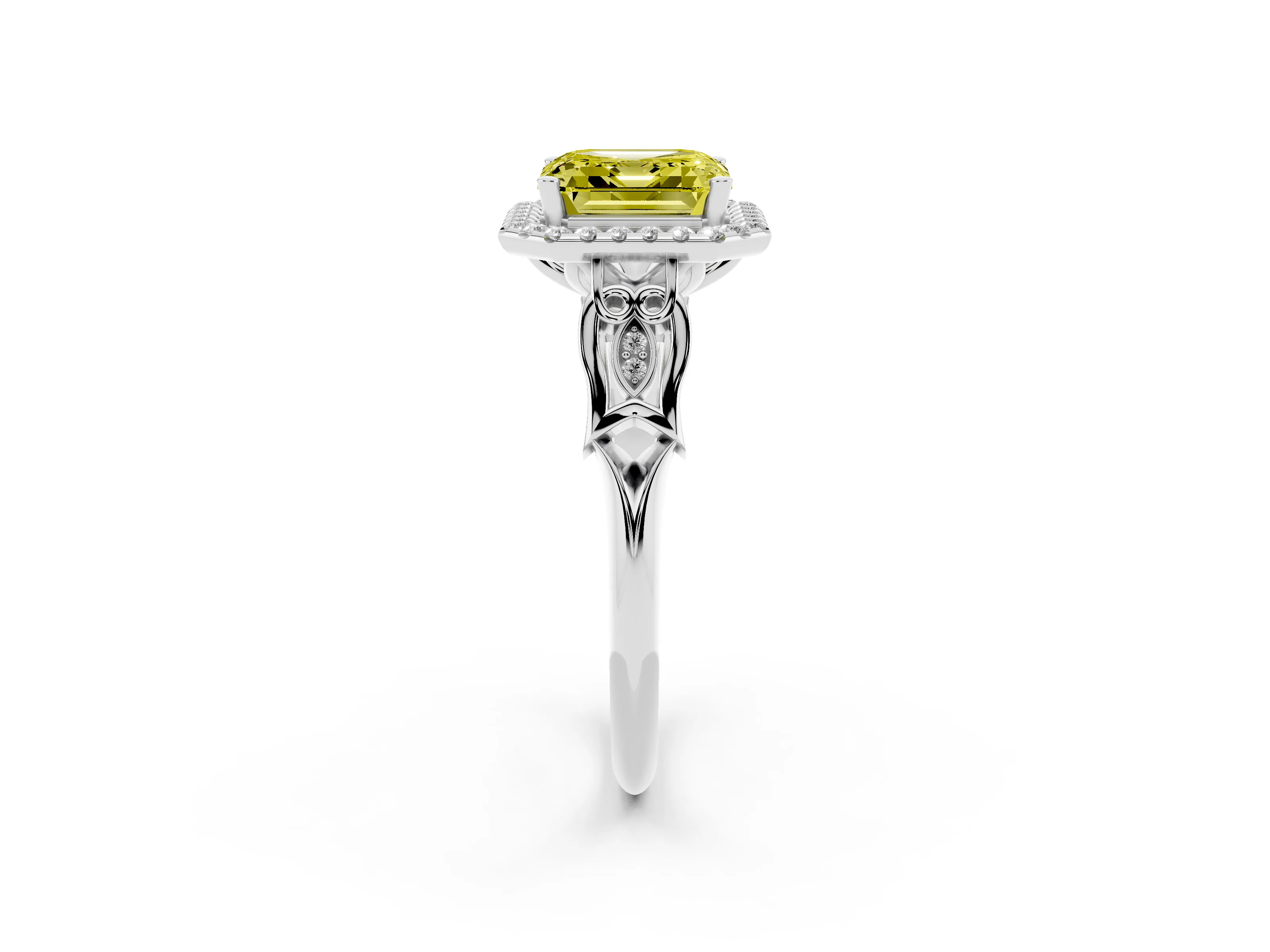 Fancy Yellow Asscher Cut Diamond Halo Engagement Ring Set in Silver with Filigree Band and Prong-Set Center