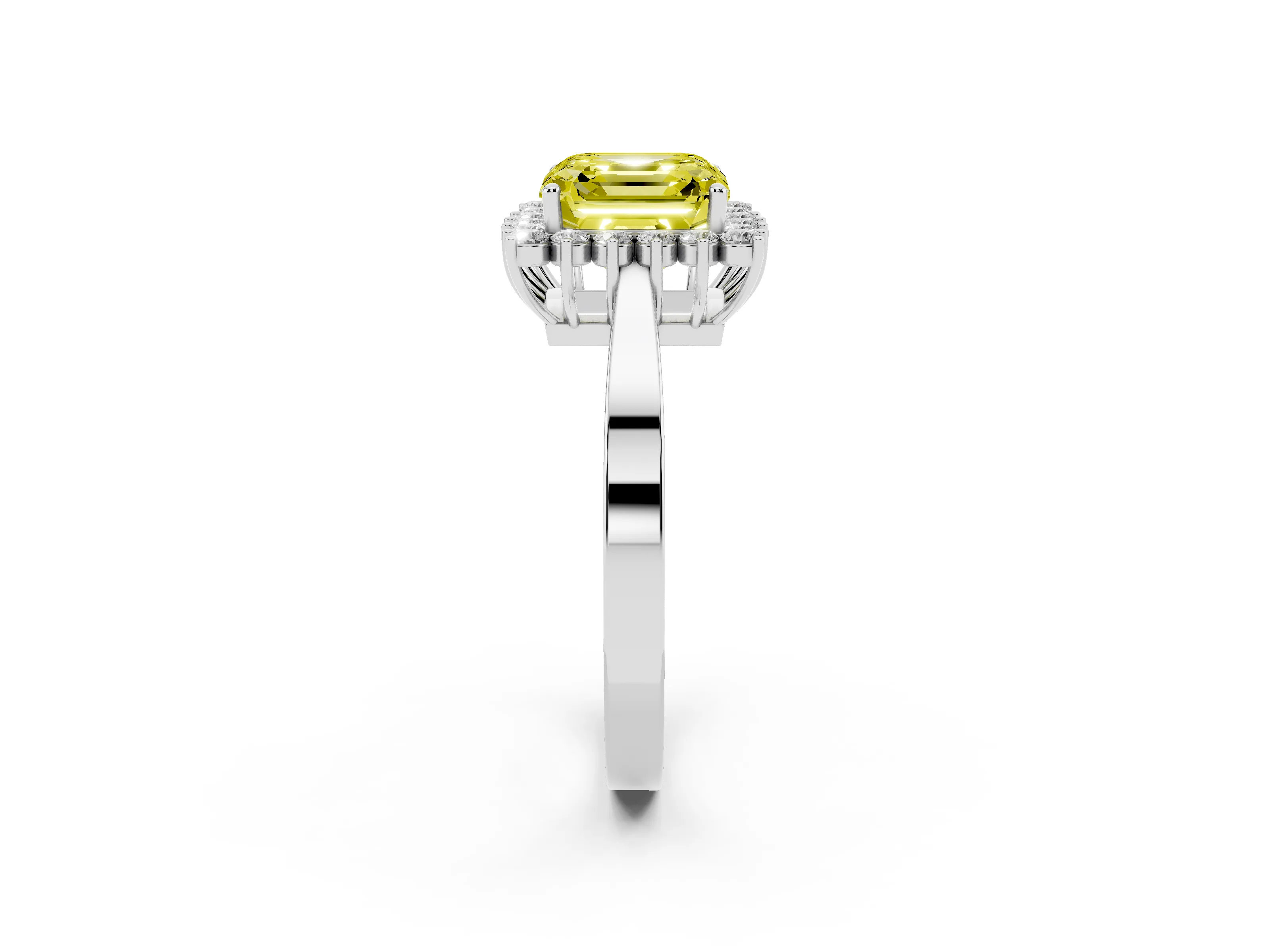 Fancy Yellow Asscher Cut Diamond Halo Ring Set in White gold with Round Halo and Smooth Solitaire Band