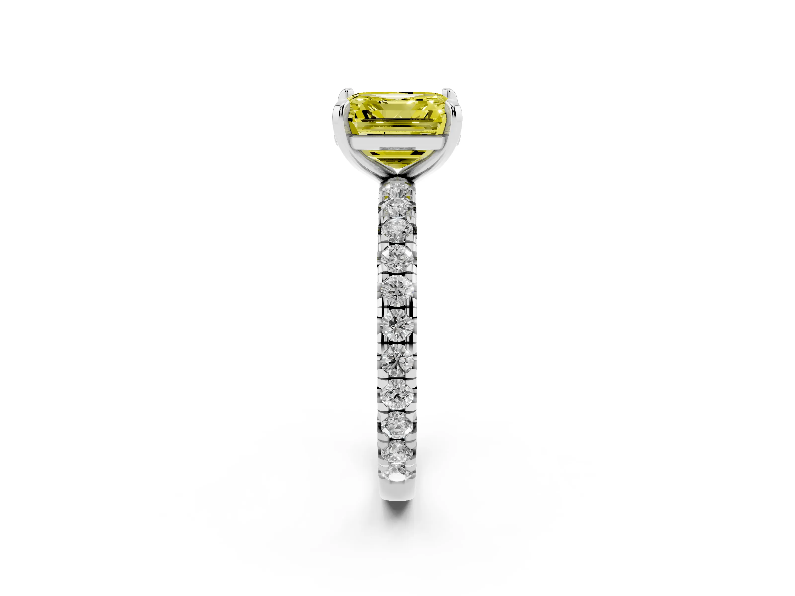 Fancy Yellow Asscher Cut Diamond Pavé Solitaire Ring Set in White gold with Round Band and Prong Setting