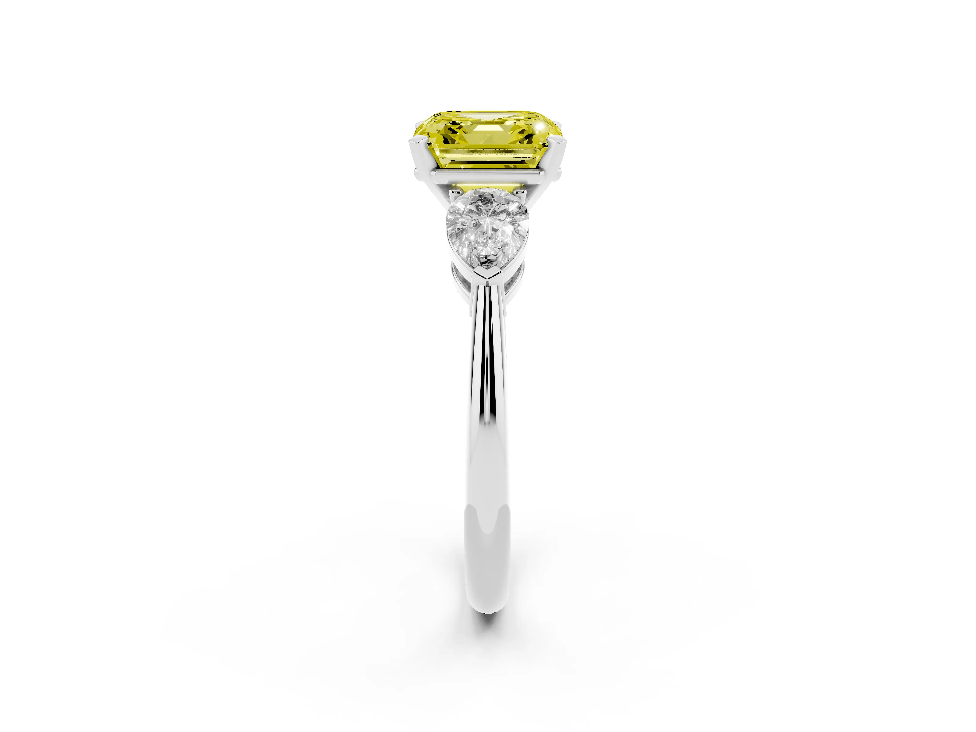 Fancy Yellow Three-Stone Asscher Cut Diamond Ring Set in White gold with Pear Side Stones and Prong Setting