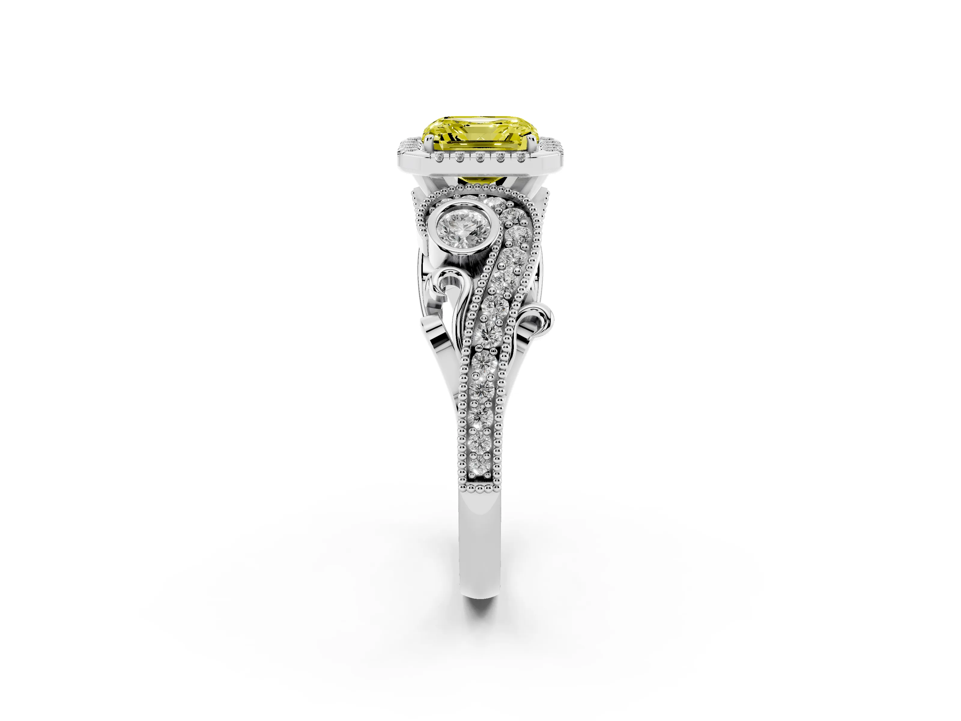 Fancy Yellow Asscher Cut Diamond Halo Ring Set in Silver with Milgrain Pavé Band and Prong Setting