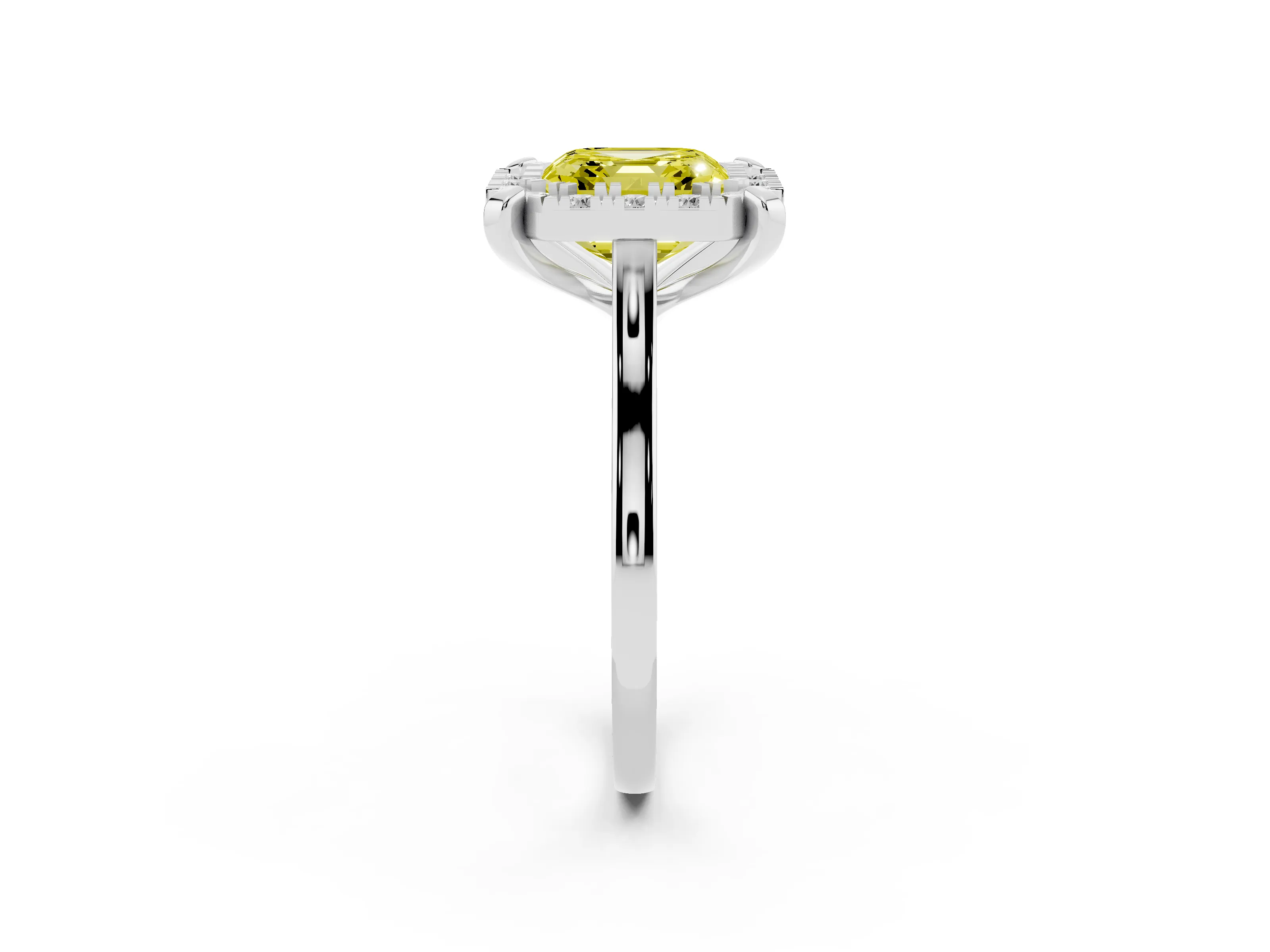 Fancy Yellow Asscher Cut Diamond Cluster Halo Solitaire Ring Set in Silver with Prong Setting