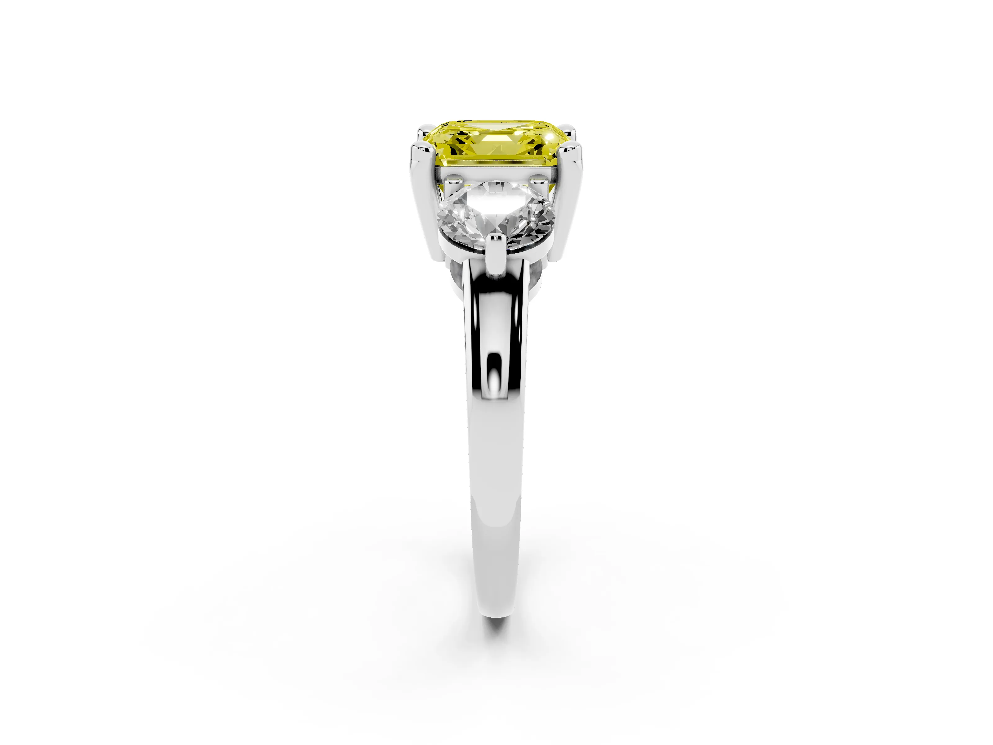 Fancy Yellow Asscher Cut Diamond Three-Stone Ring Set in White gold with Prong Setting and Classic Band