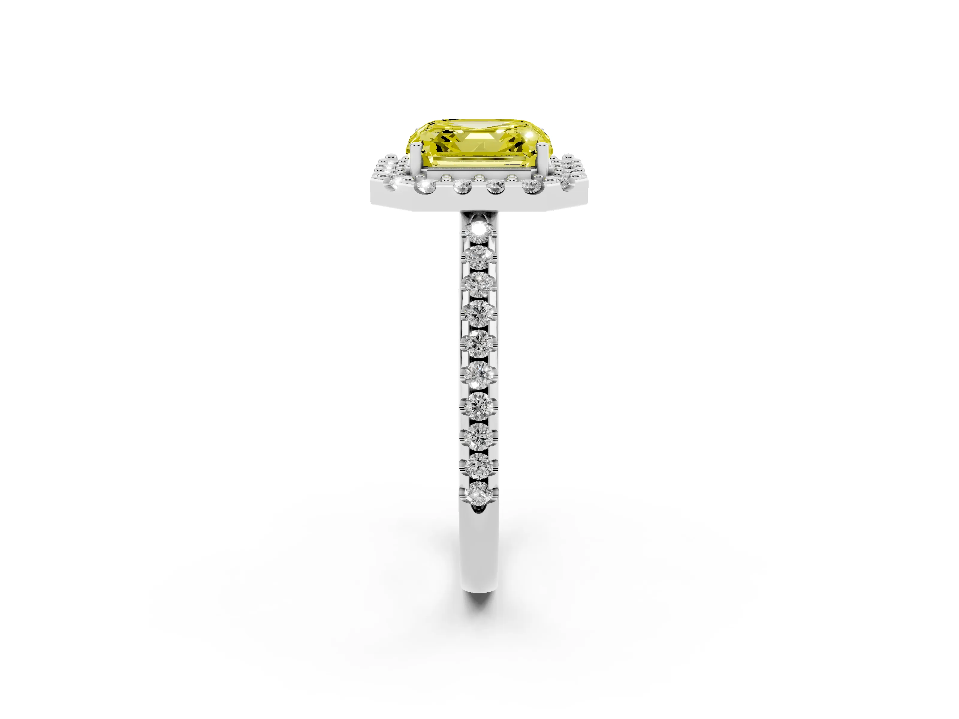 Fancy Yellow Asscher Cut Diamond Pavé Halo Ring Set in Platinum with Prong Setting
