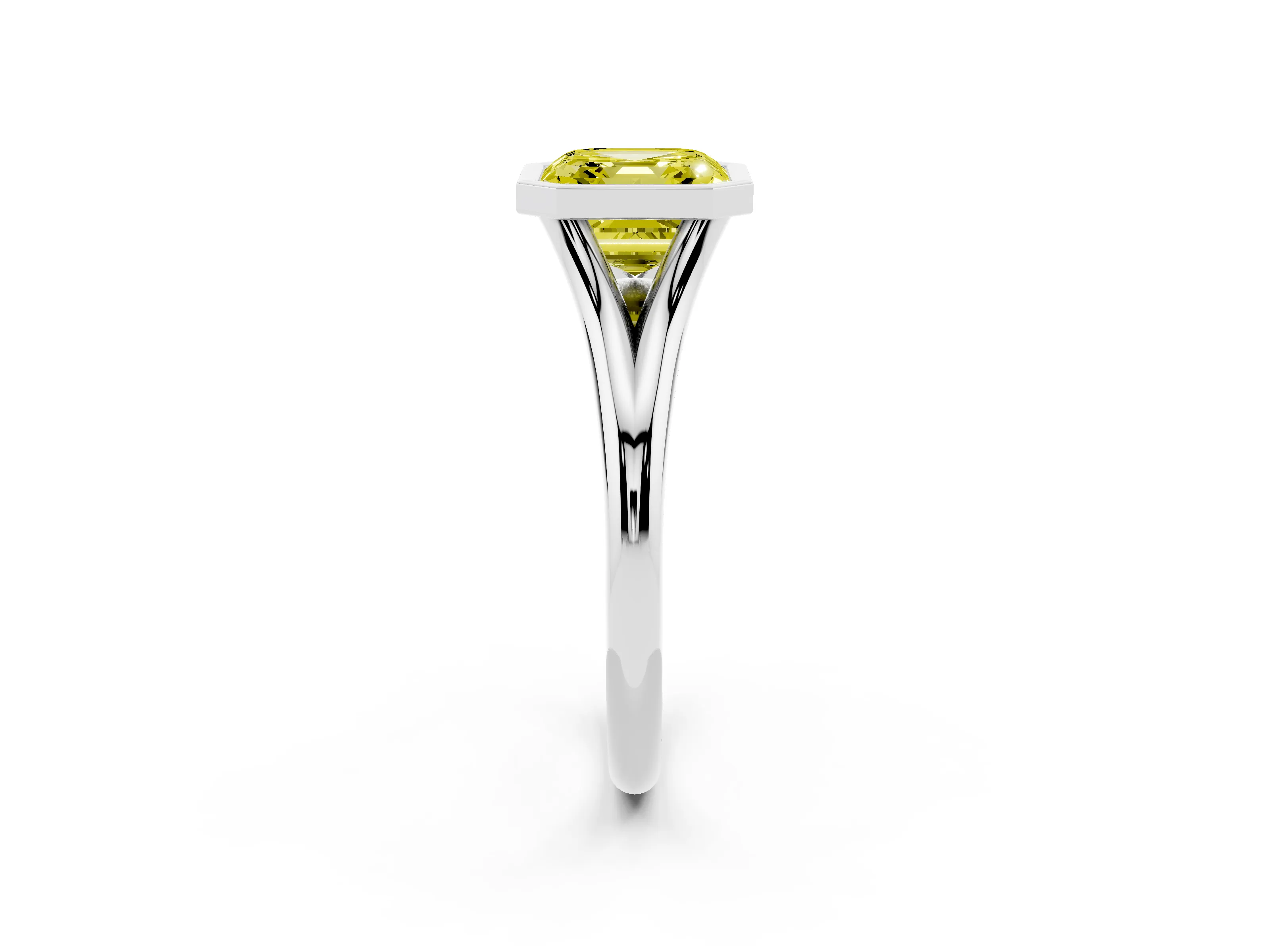 Fancy Yellow Bezel Set Asscher Cut Diamond Solitaire Ring Set in Platinum with Tapered Band