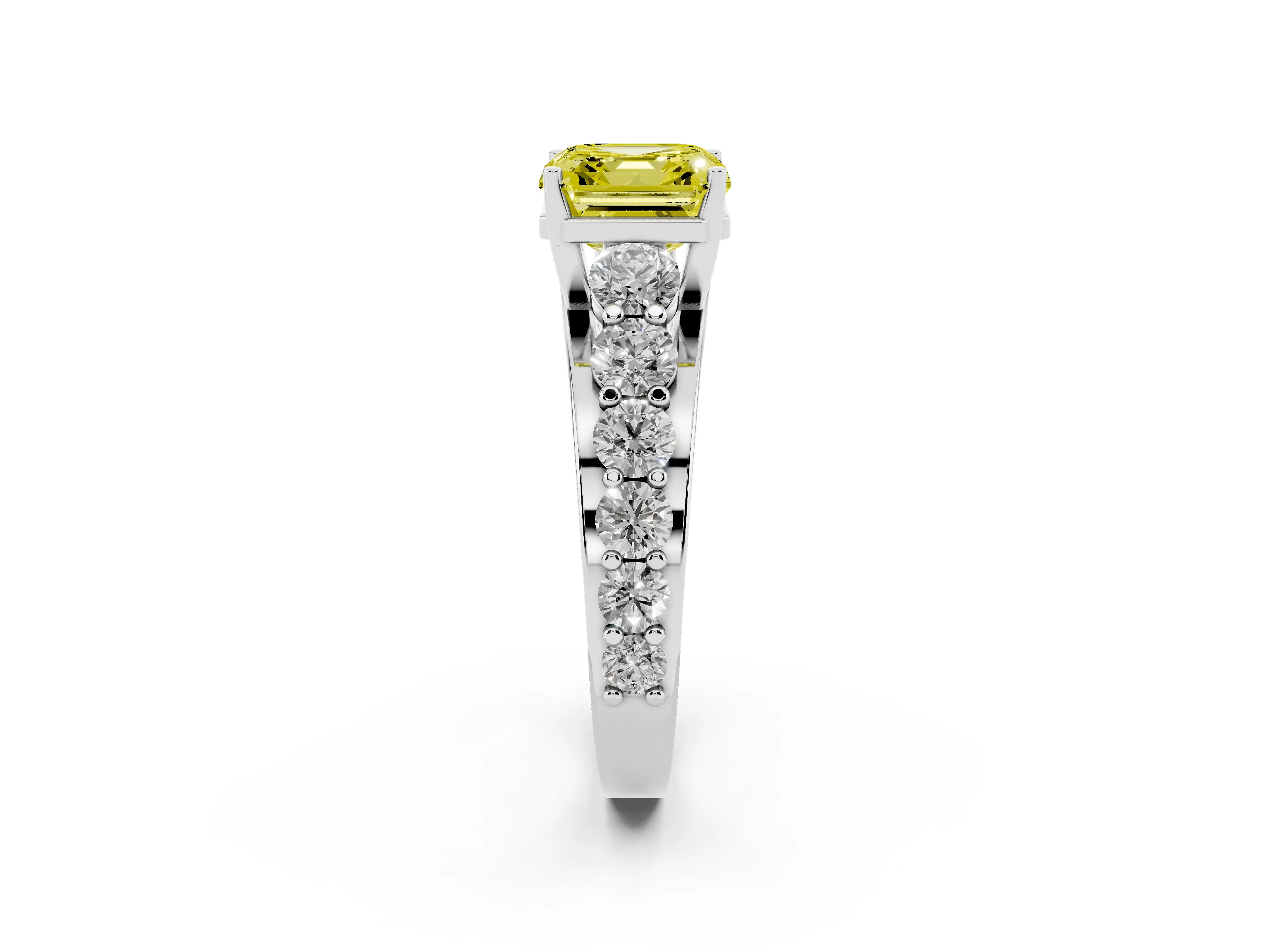 Fancy Yellow Asscher Cut Diamond Pavé Engagement Ring Set in Platinum with Prong Setting