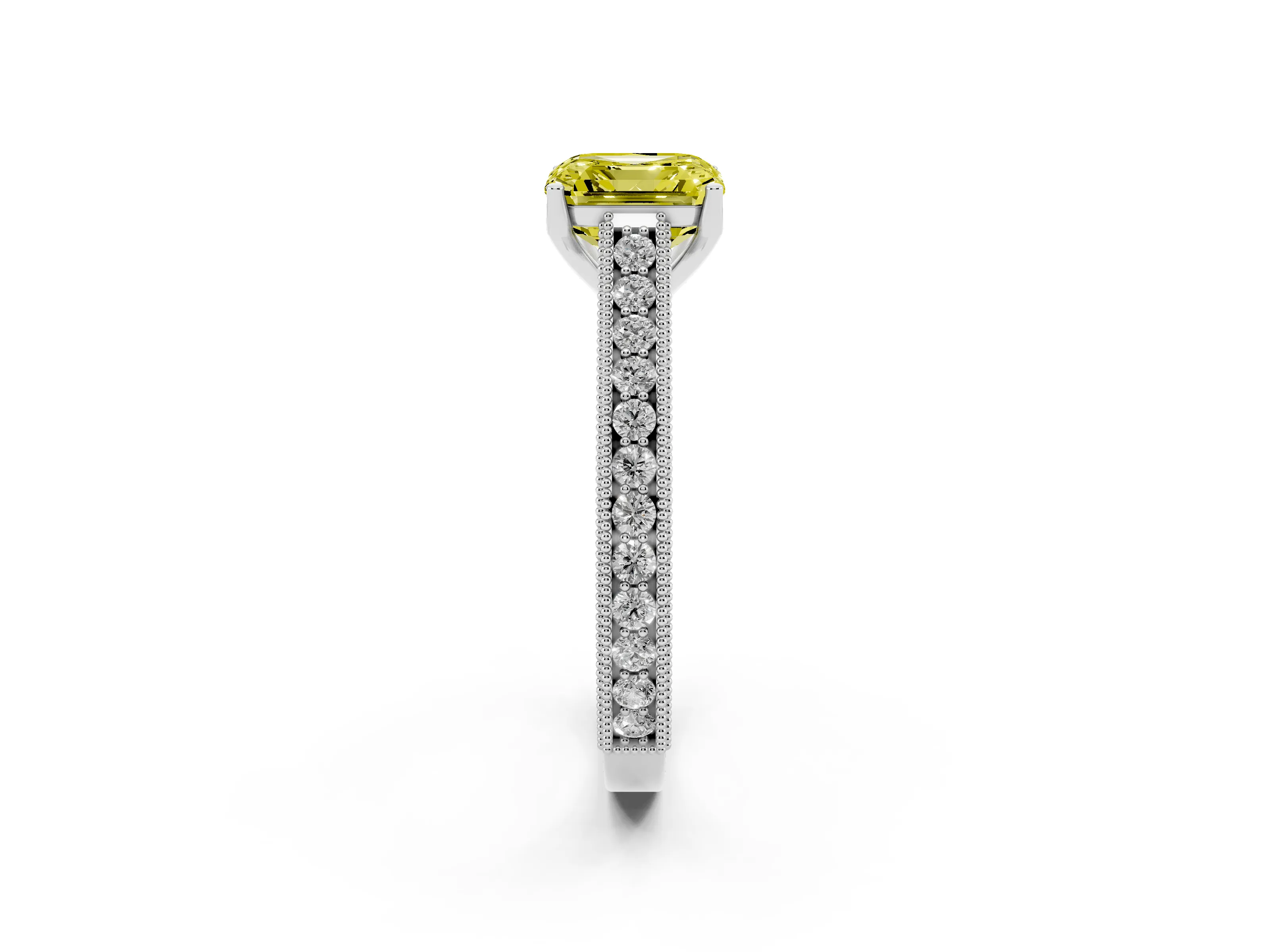 Fancy Yellow Asscher Cut Diamond Milgrain Pavé Band Solitaire Ring Set in Platinum with Prong Setting