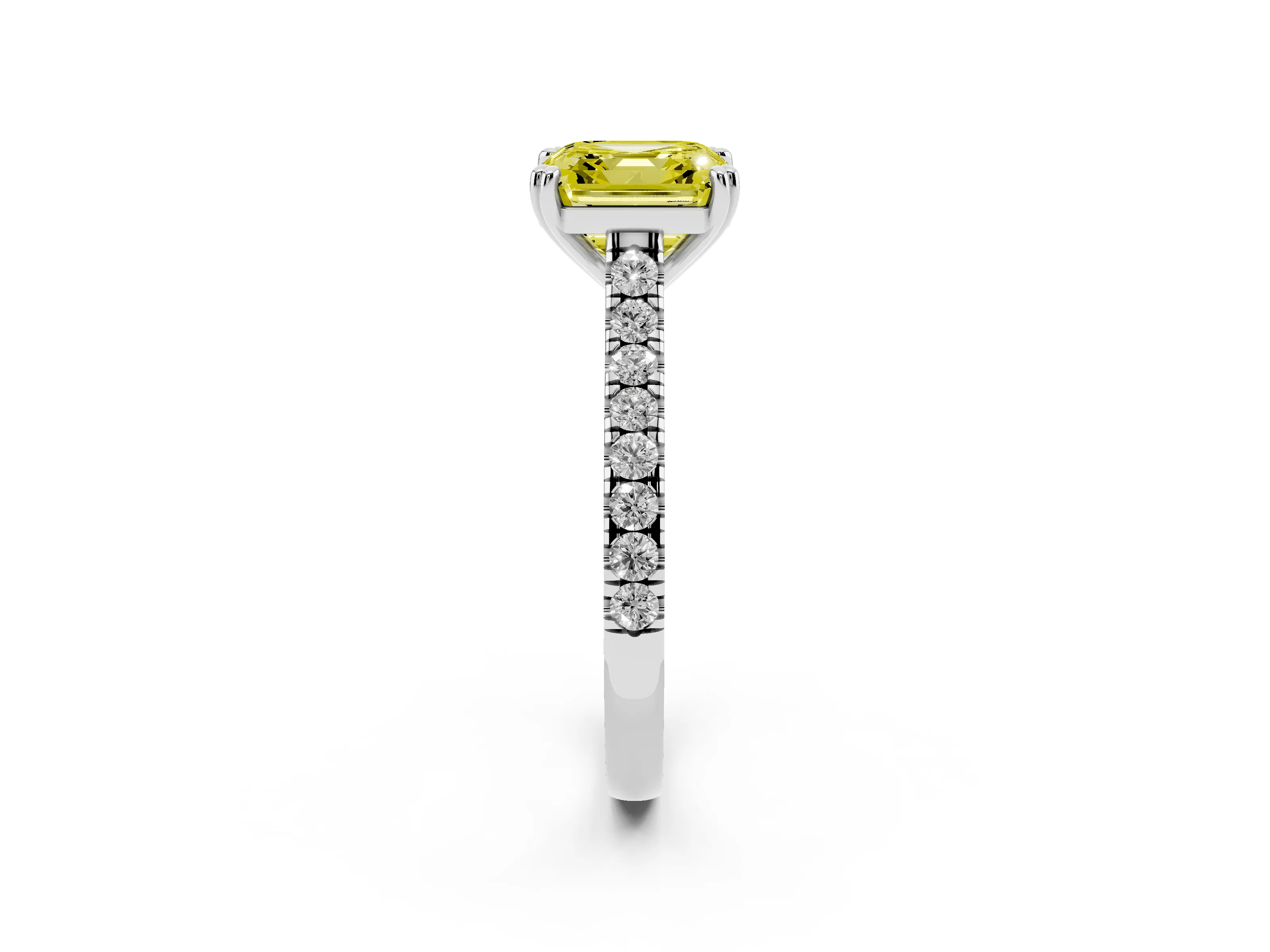 Fancy Yellow Asscher Cut Diamond Solitaire Engagement Ring Set in Platinum with Pavé Accents and Prong Setting