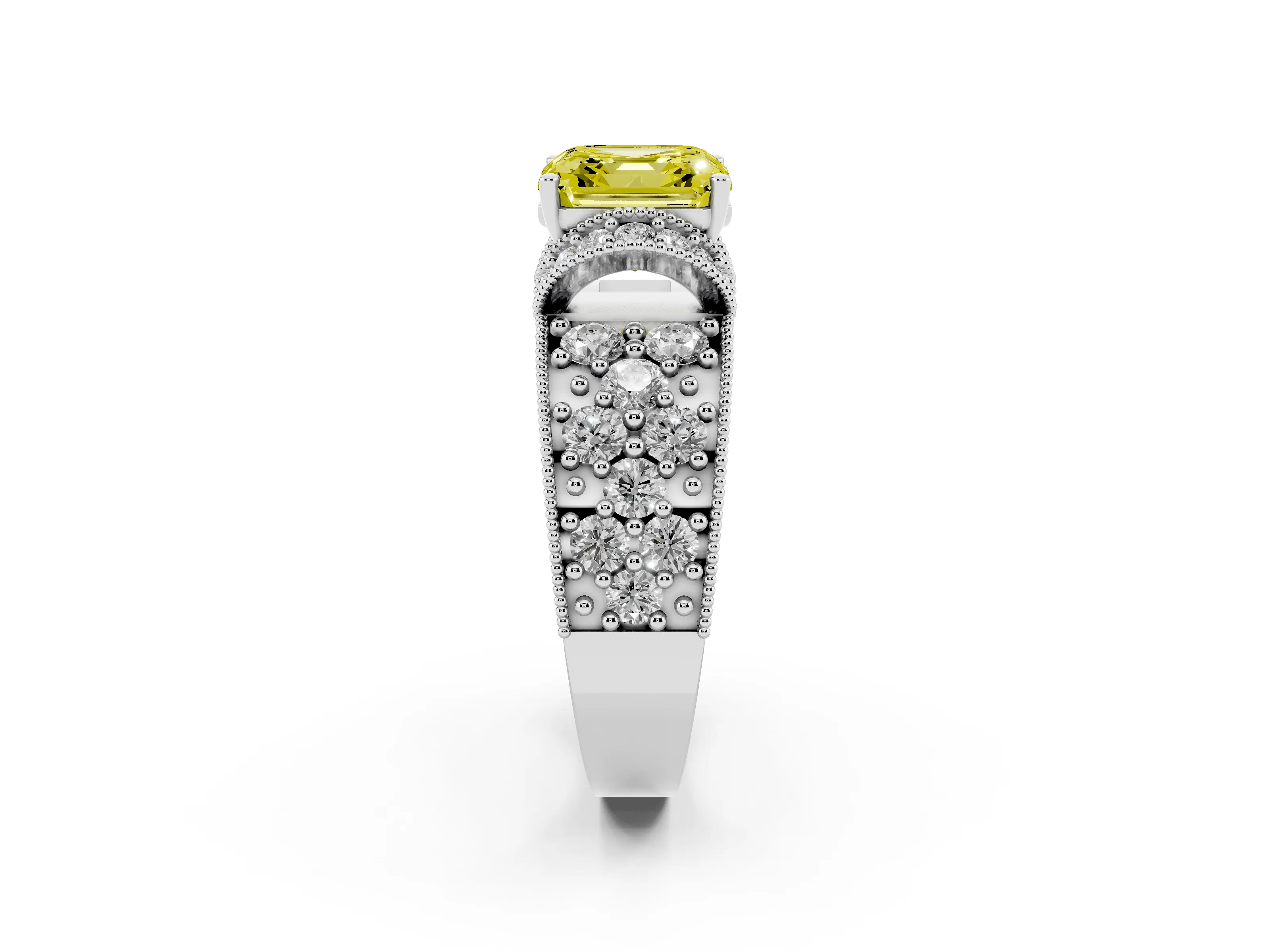 Fancy Yellow Asscher Cut Diamond Milgrain Halo Pavé Engagement Ring Set in Platinum with Prong Setting