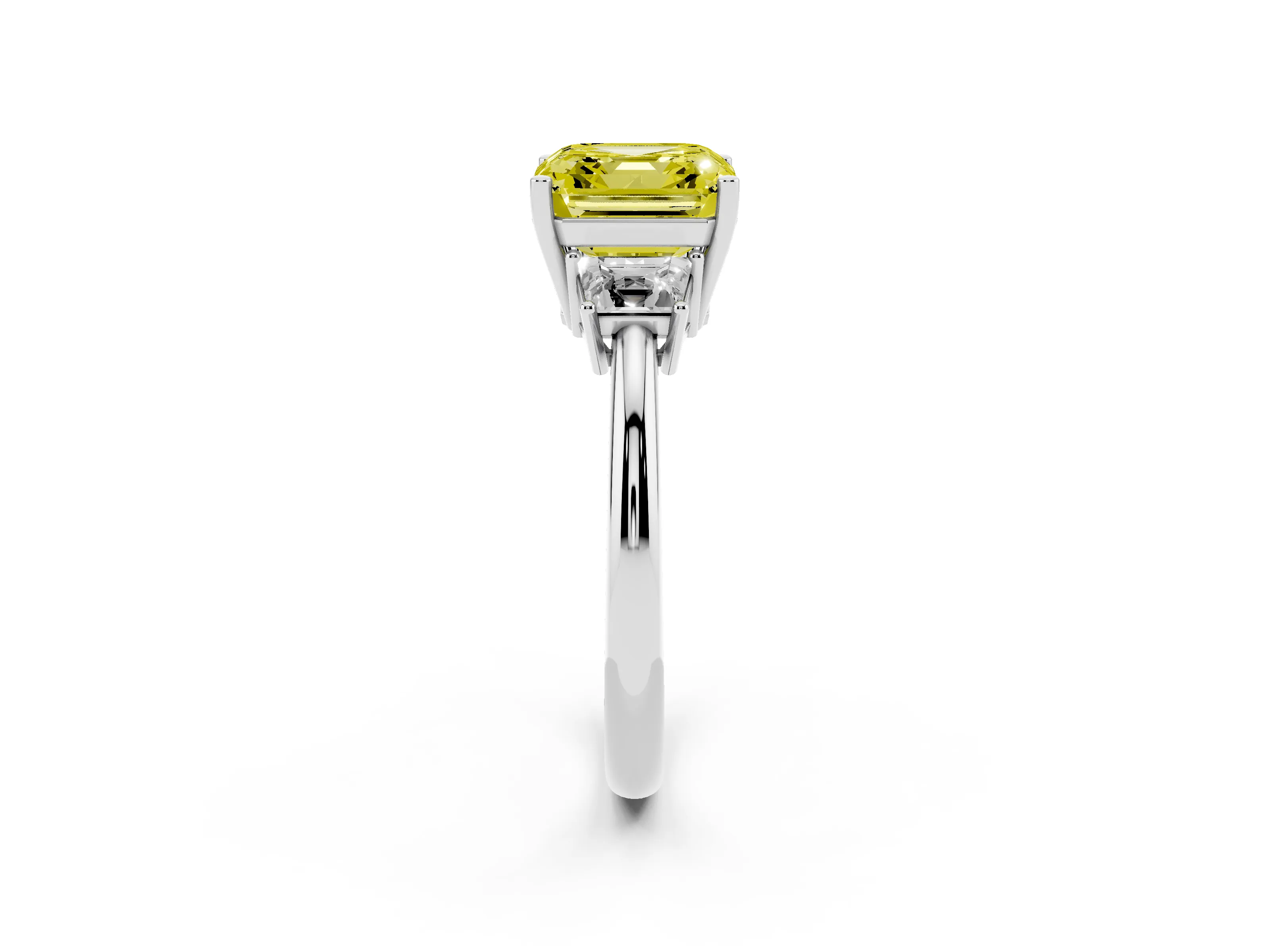 Fancy Yellow Asscher Cut Diamond Three-Stone Ring Set in Silver with Trapezoid Side Stones and Prong Setting