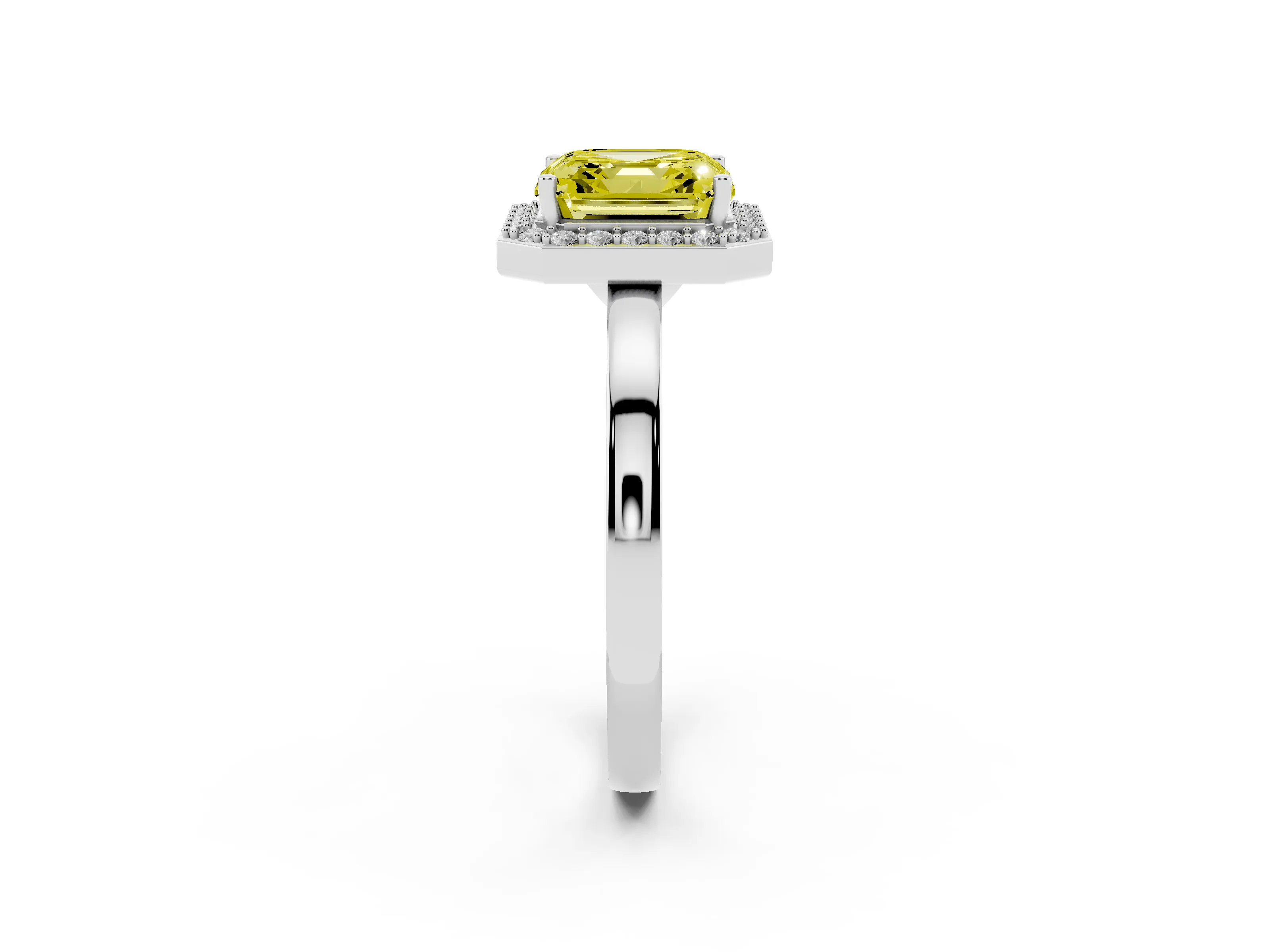 Fancy Yellow Asscher Cut Diamond Halo Ring Set in White gold with Solitaire Band and Prong Setting