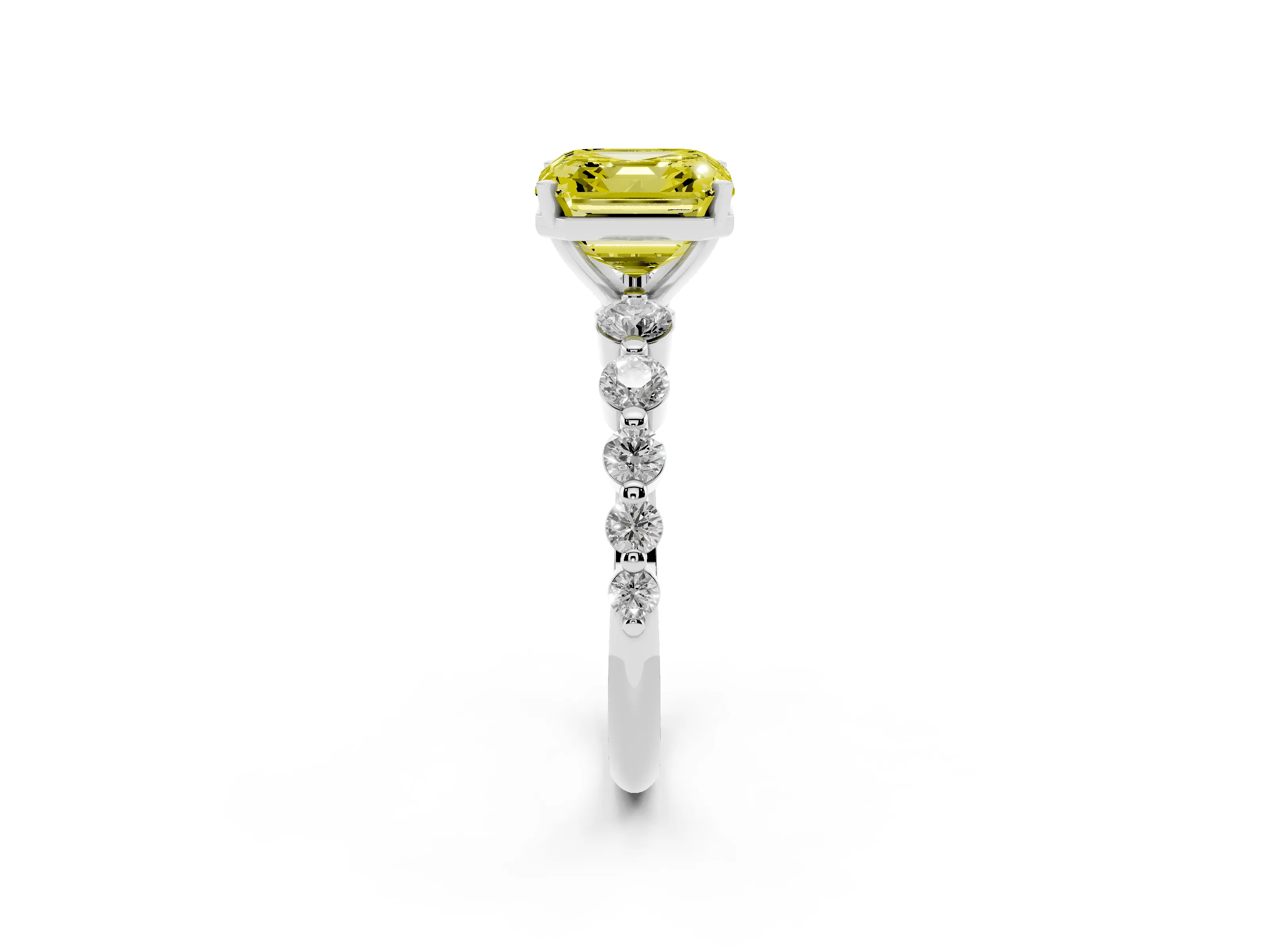 Fancy Yellow Asscher Cut Diamond Solitaire Ring Set in Platinum with Pavé Band and Prong Setting