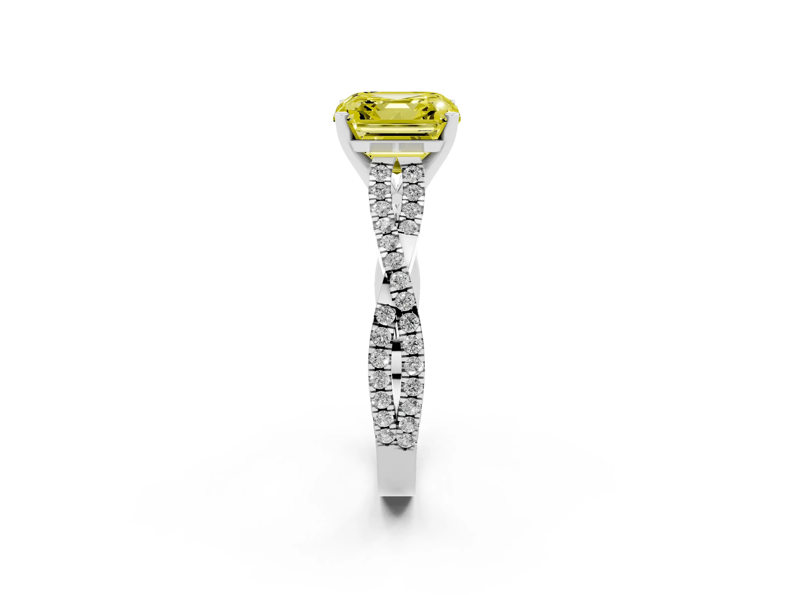 Fancy Yellow Asscher Cut Diamond Solitaire Engagement Ring Set in White gold with Twisted Pavé Band and Prong Setting