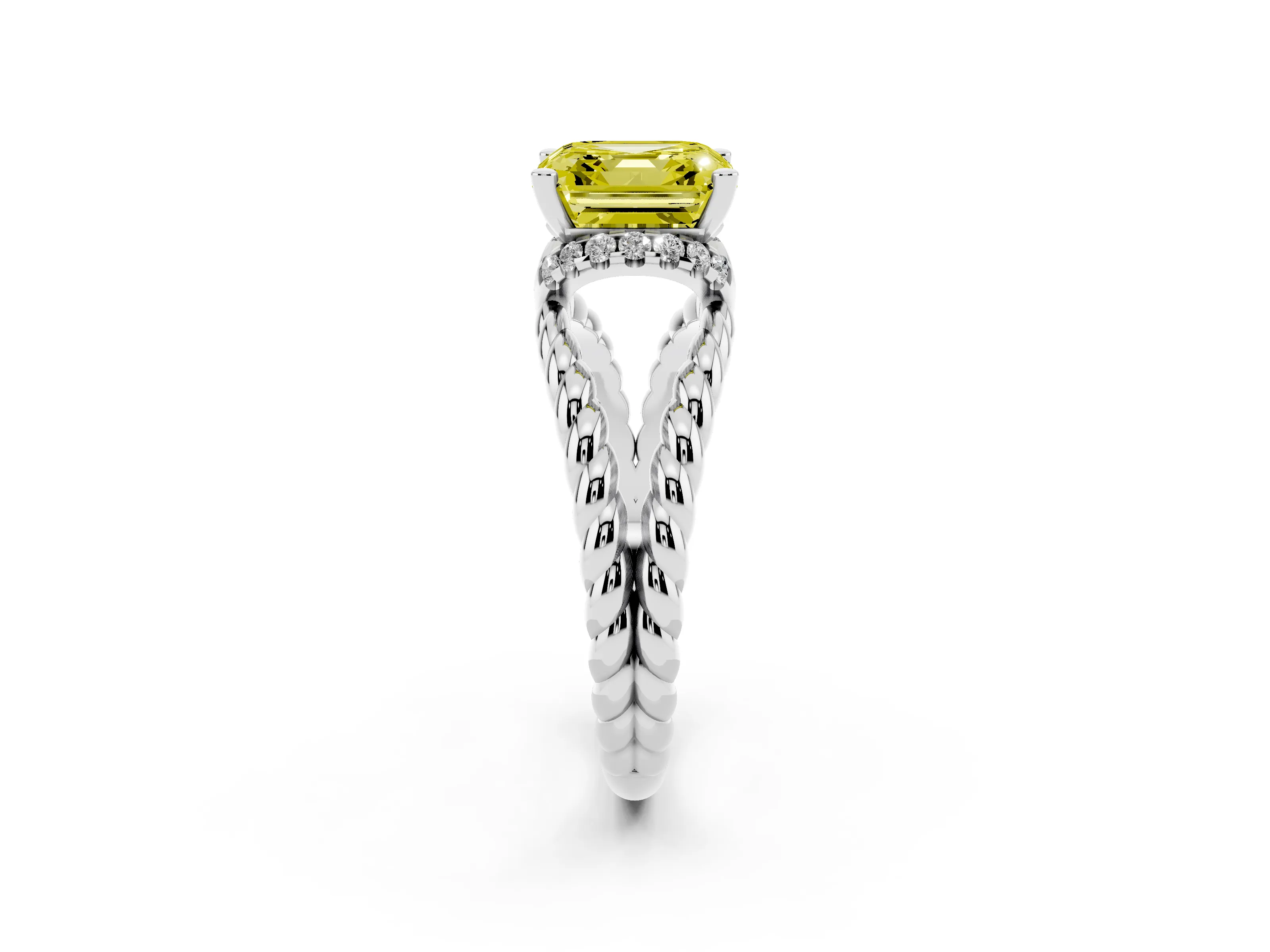 Fancy Yellow Asscher Cut Diamond Halo Ring Set in White gold with Twisted Band and Prong Setting