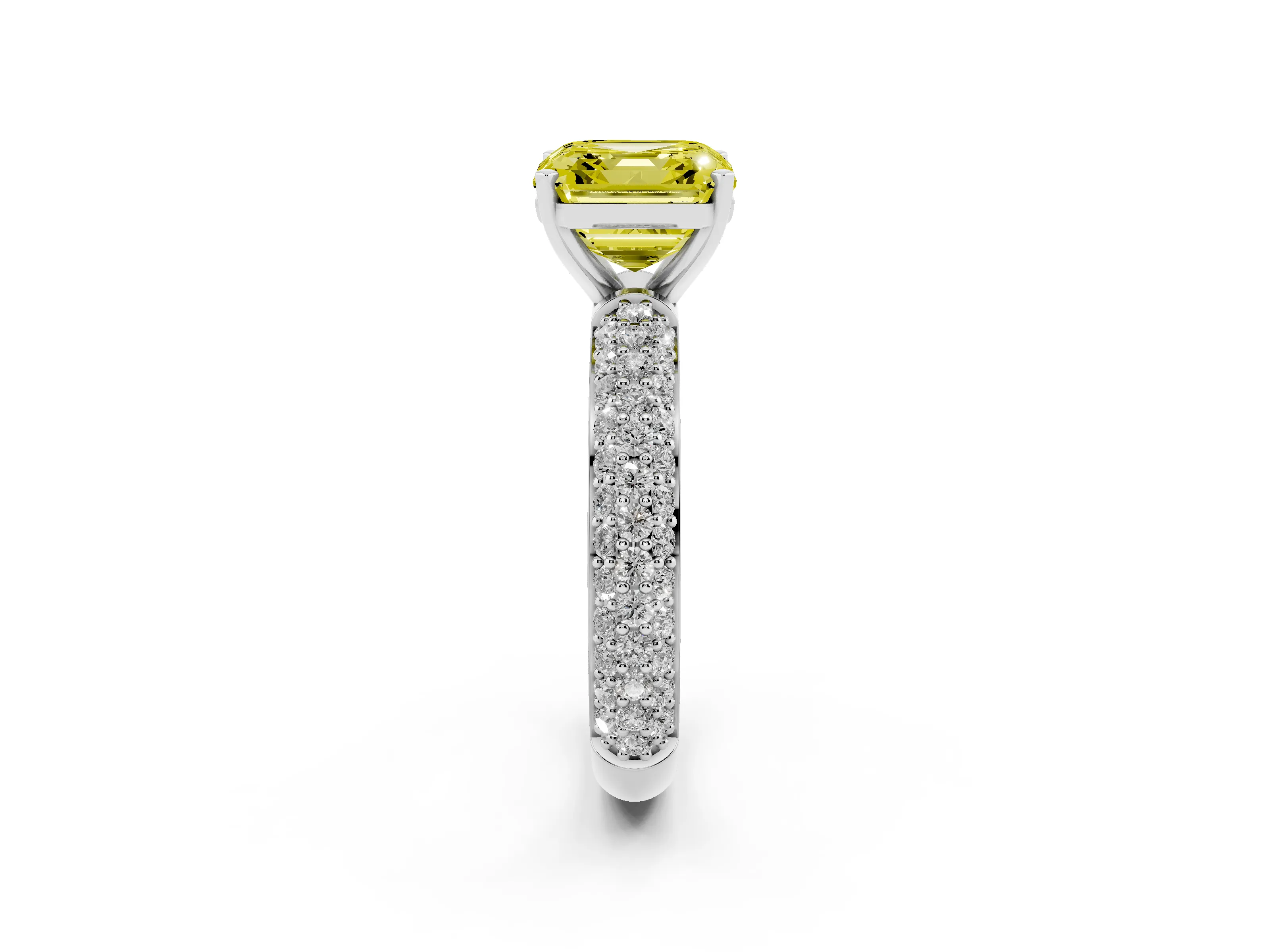 Fancy Yellow Asscher Cut Diamond Solitaire Ring Set in Silver with Prong Setting and Pavé-Set Band