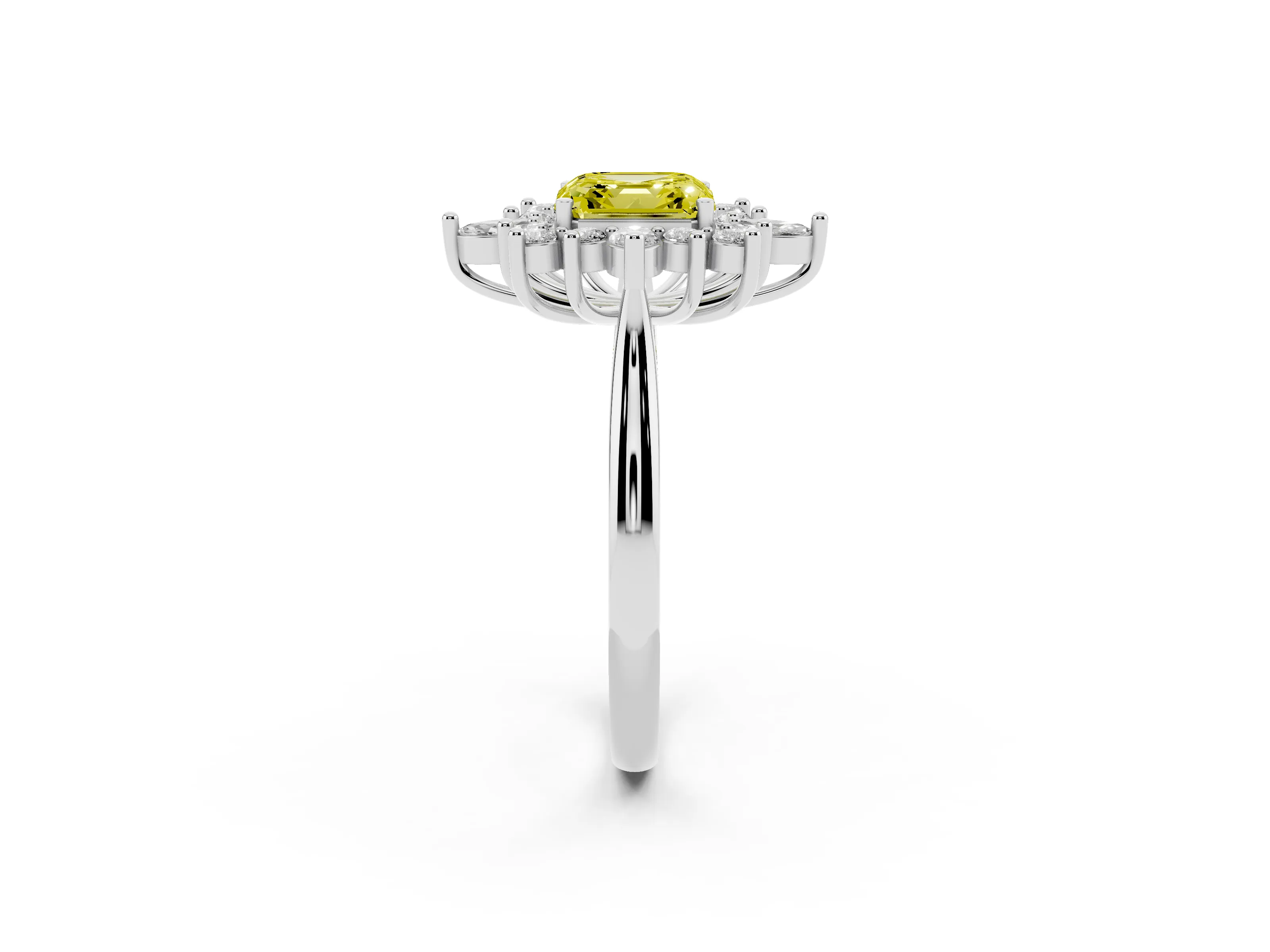 Fancy Yellow Asscher Cut Diamond Cluster Halo Ring Set in White gold with Marquise and Round Accents