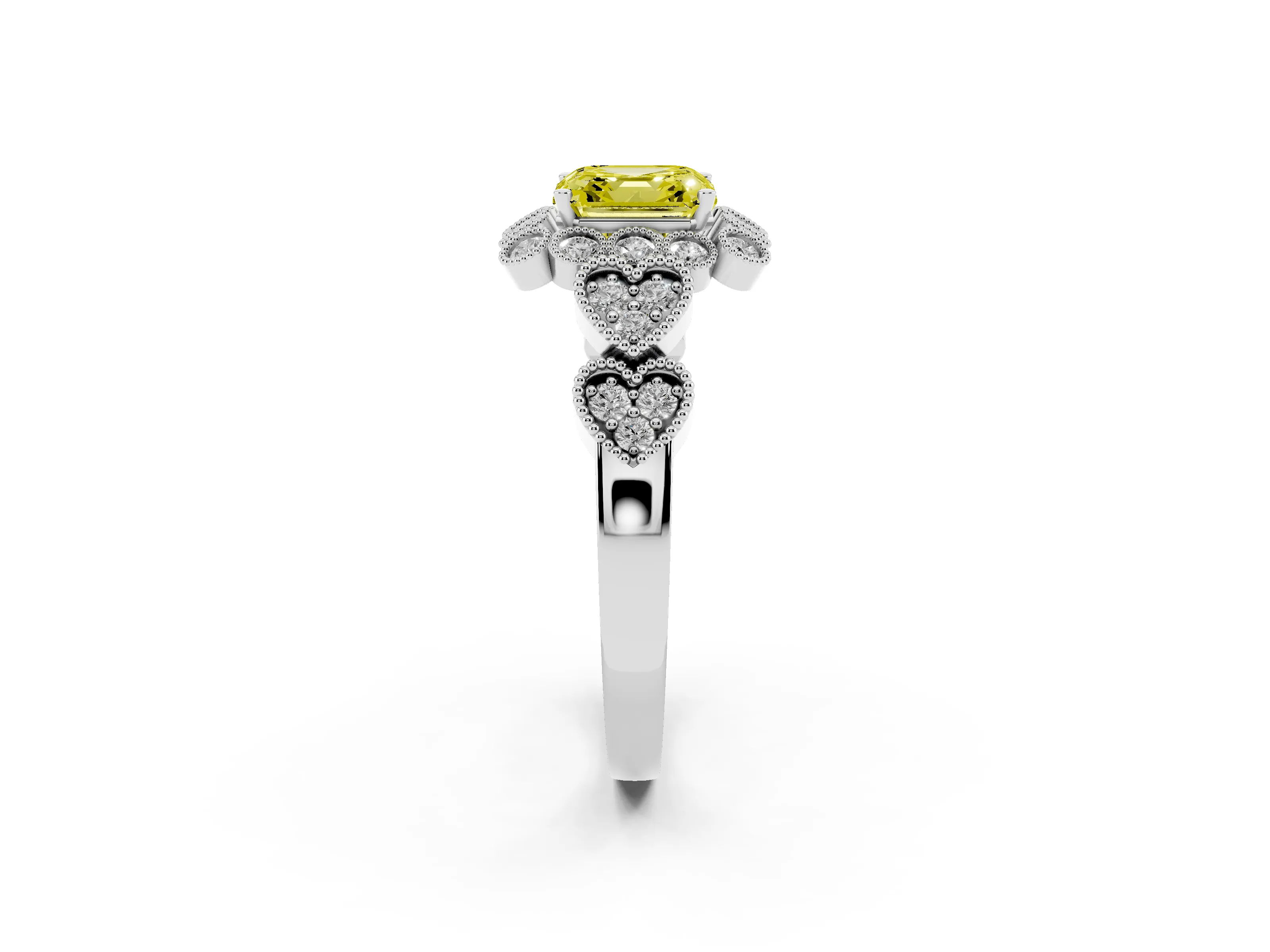 Fancy Yellow Asscher Cut Diamond Solitaire Ring Set in White gold with Milgrain Pavé Heart Band