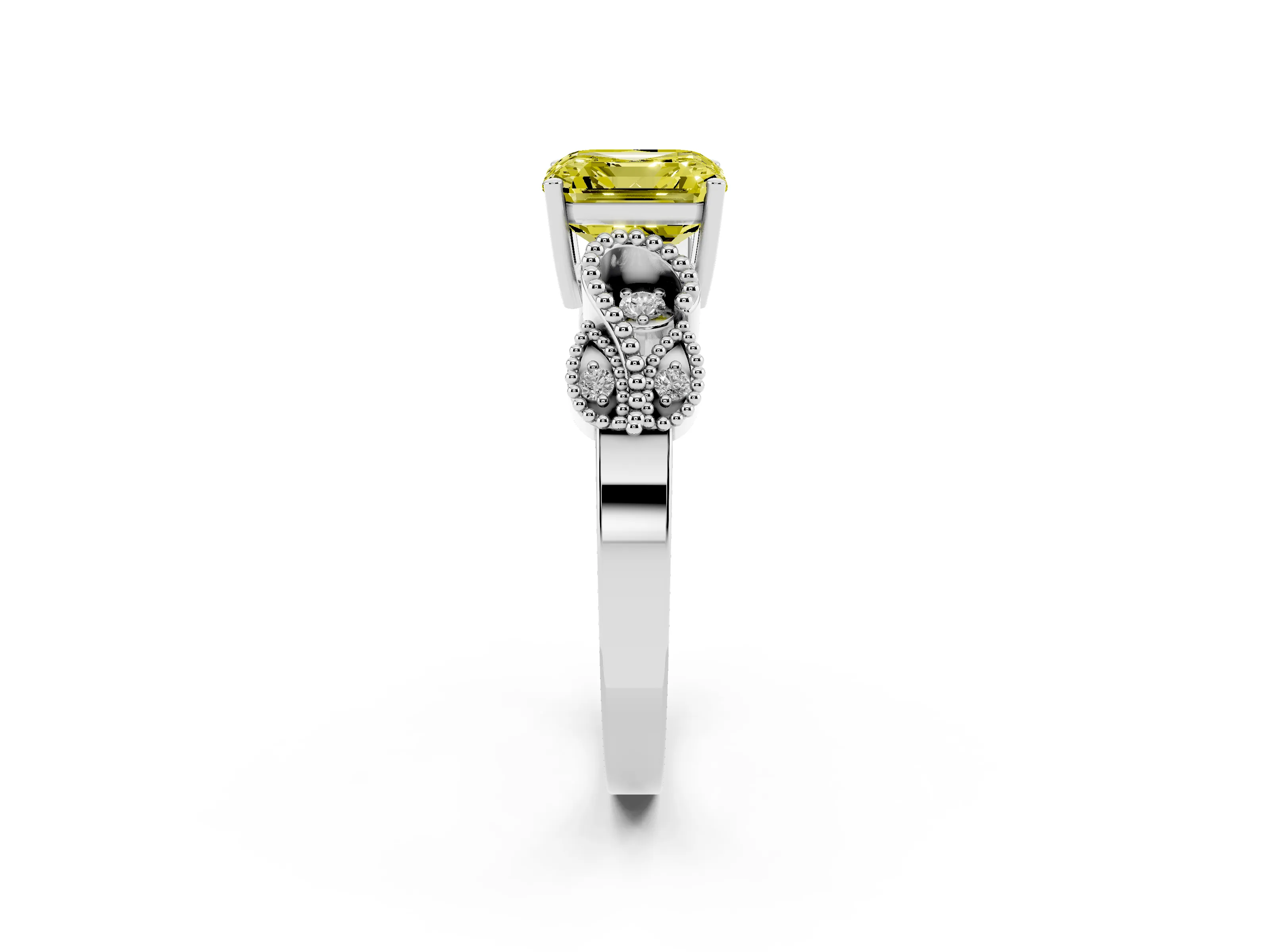 Fancy Yellow Asscher Cut Diamond Milgrain Leaf Band Solitaire Ring Set in White gold with Accent Stones and Prong Setting