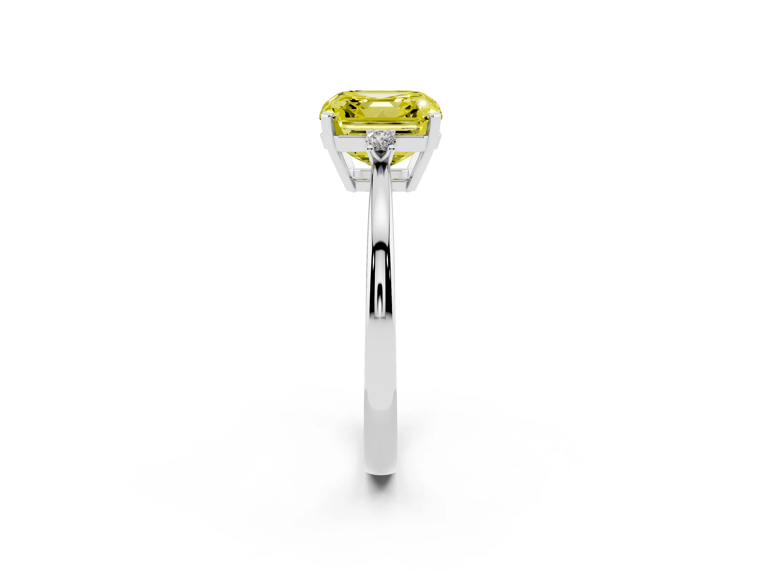 Fancy Yellow Three-Stone Asscher Cut Diamond Solitaire Ring Set in Platinum with Round Accent Stones and Prong Setting