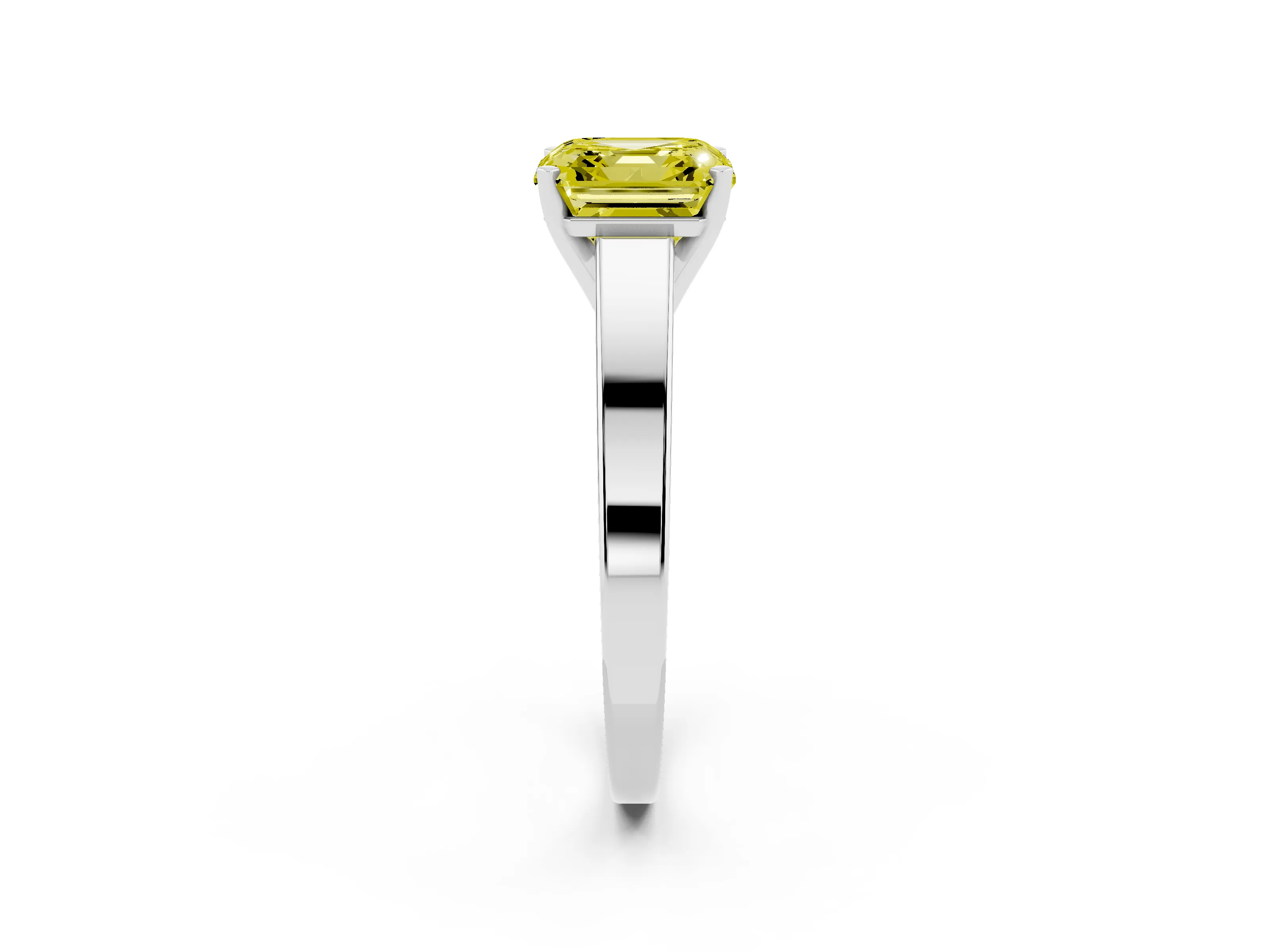 Fancy Yellow Asscher Cut Diamond Solitaire Engagement Ring Set in White gold with Prong Setting and Tapered Band