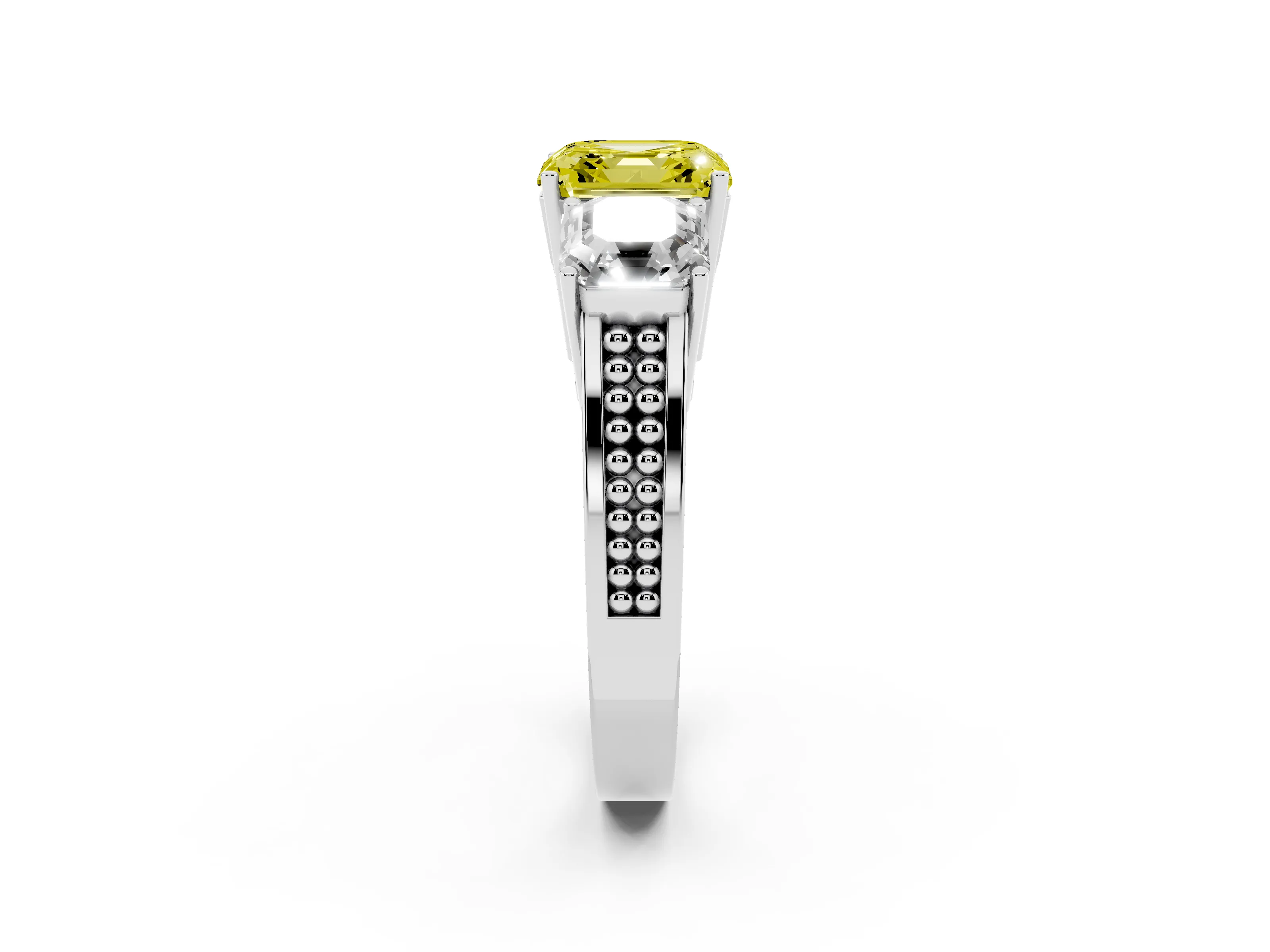 Fancy Yellow Asscher Cut Diamond Three-Stone Ring Set in White gold with Textured Band