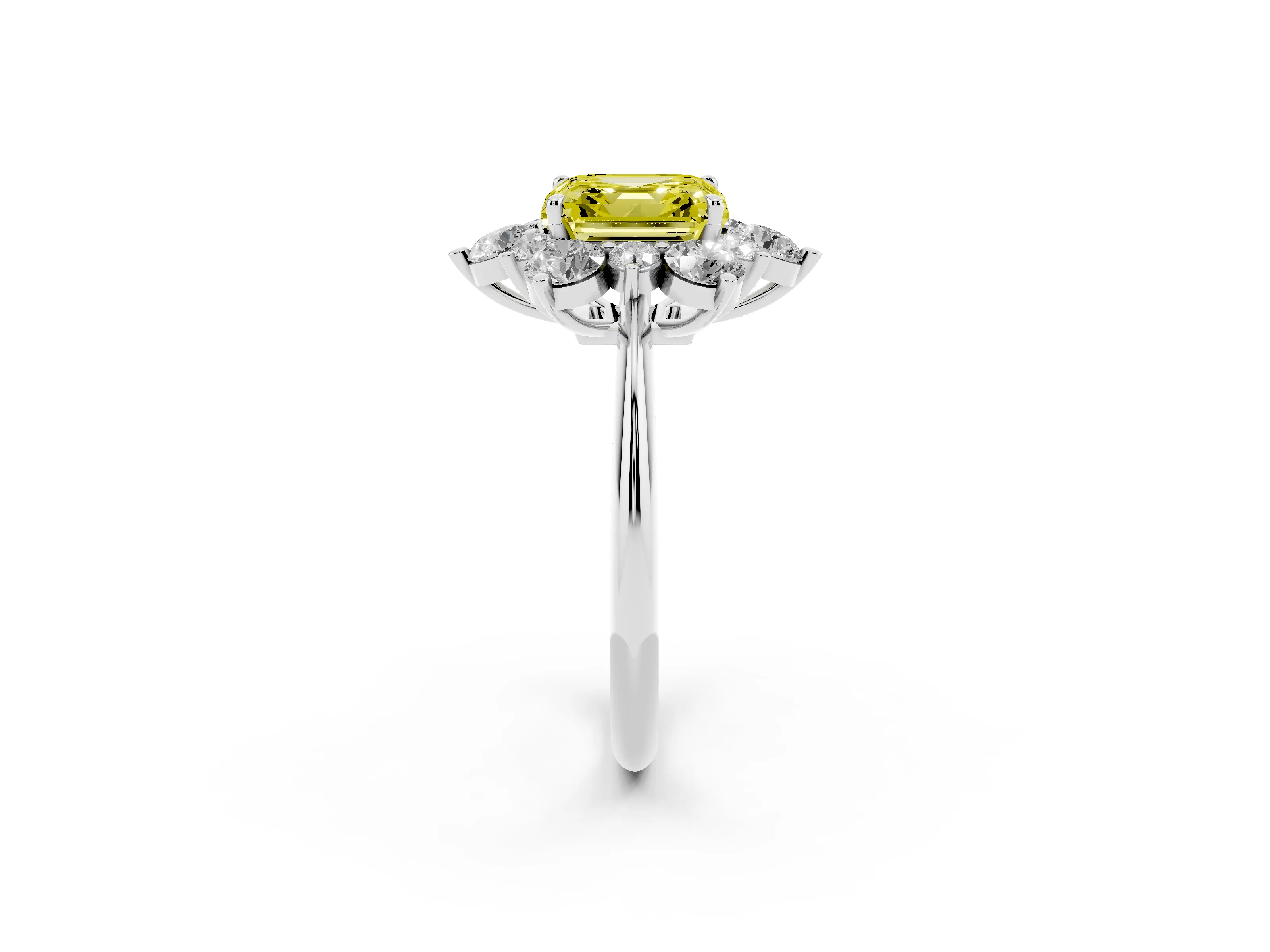 Fancy Yellow Asscher Cut Diamond Cluster Halo Ring Set in White gold with Solitaire Band and Prong Setting
