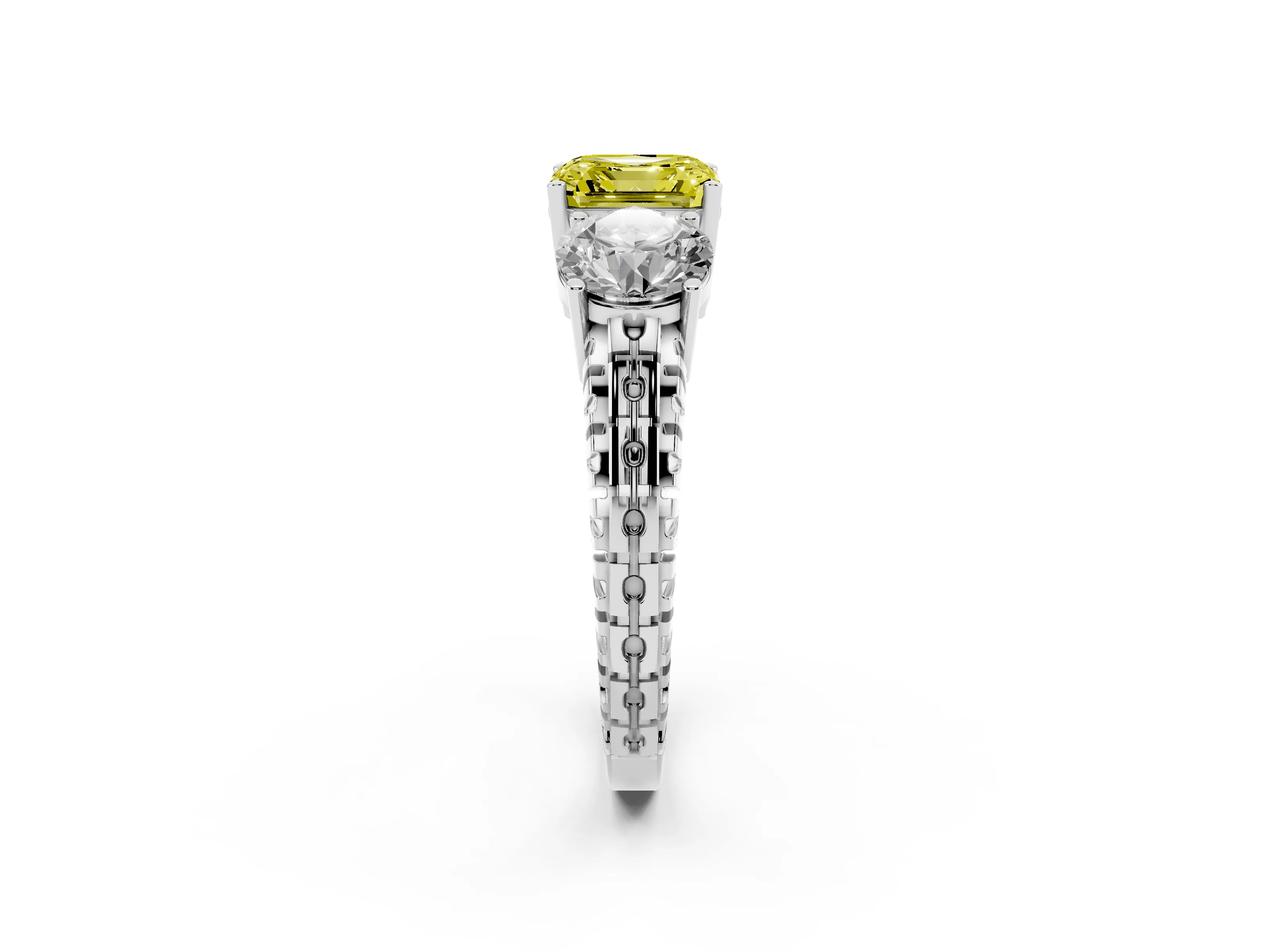 Fancy Yellow Asscher Cut Diamond Three-Stone Ring Set in Platinum with Channel-Set Accent Band