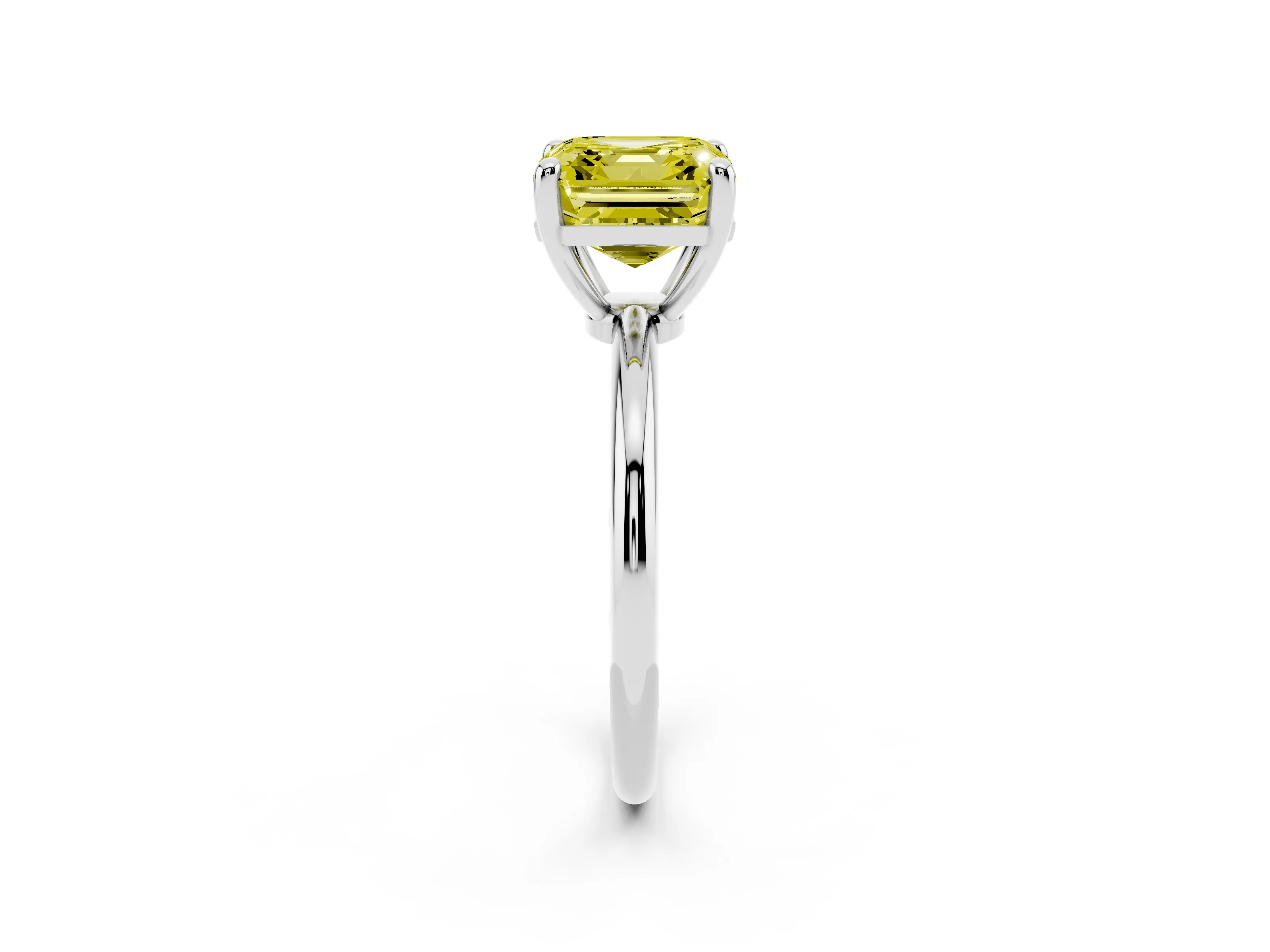 Fancy Yellow Asscher Cut Diamond Solitaire Ring Set in Platinum with Secure Prong Setting on a Classic Band
