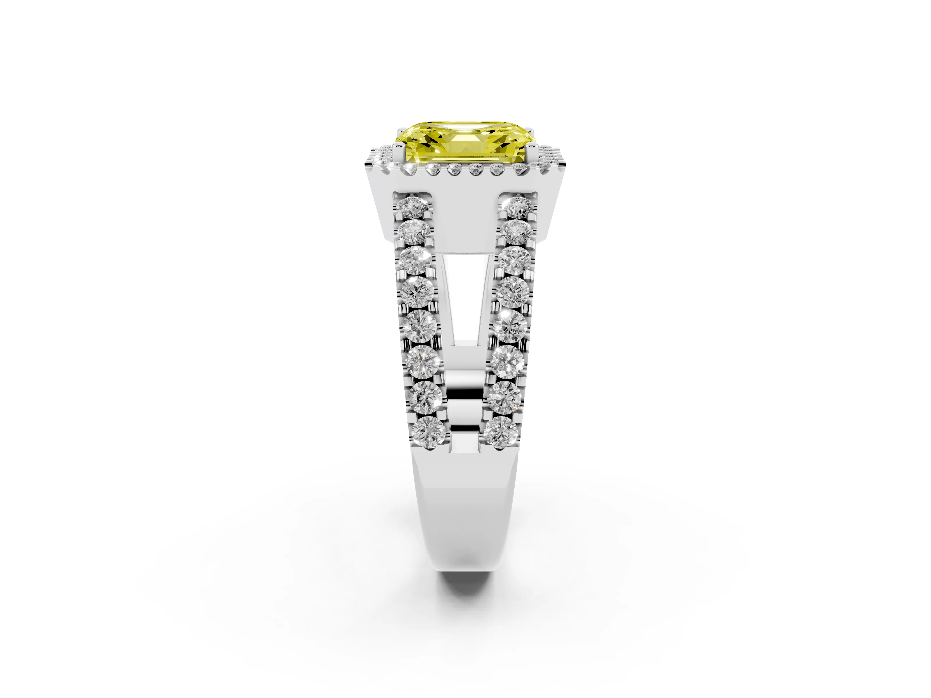 Fancy Yellow Asscher Cut Diamond Halo Ring Set in Platinum with Pavé Split Shank and Prong Setting