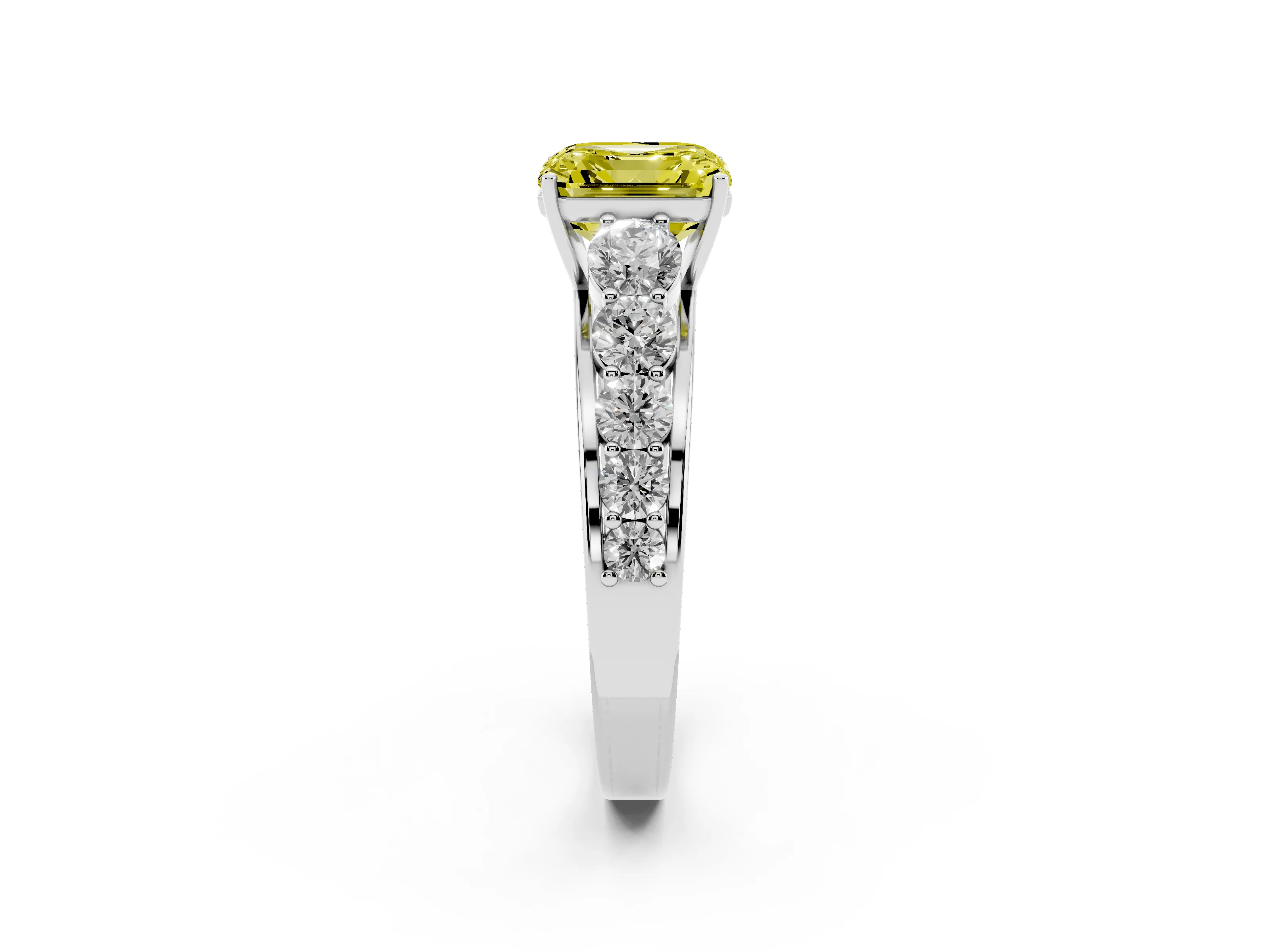 Fancy Yellow Asscher Cut Diamond Solitaire Ring Set in Platinum with Pavé-Set Band and Prong Setting