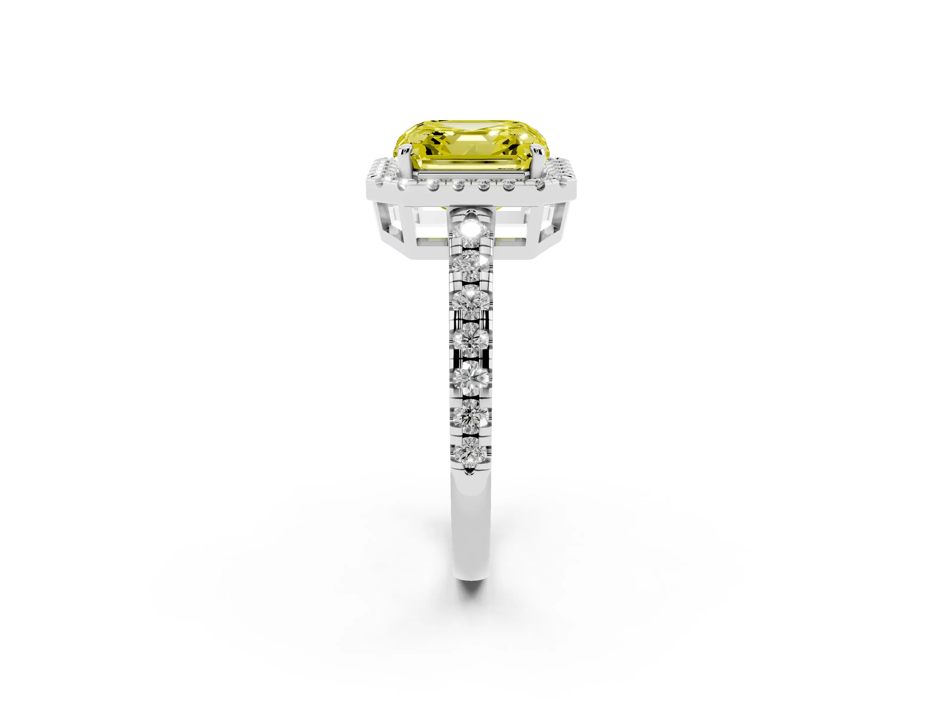 Fancy Yellow Asscher Cut Diamond Halo Ring Set in Platinum with Delicate Pavé Band and Prong Setting