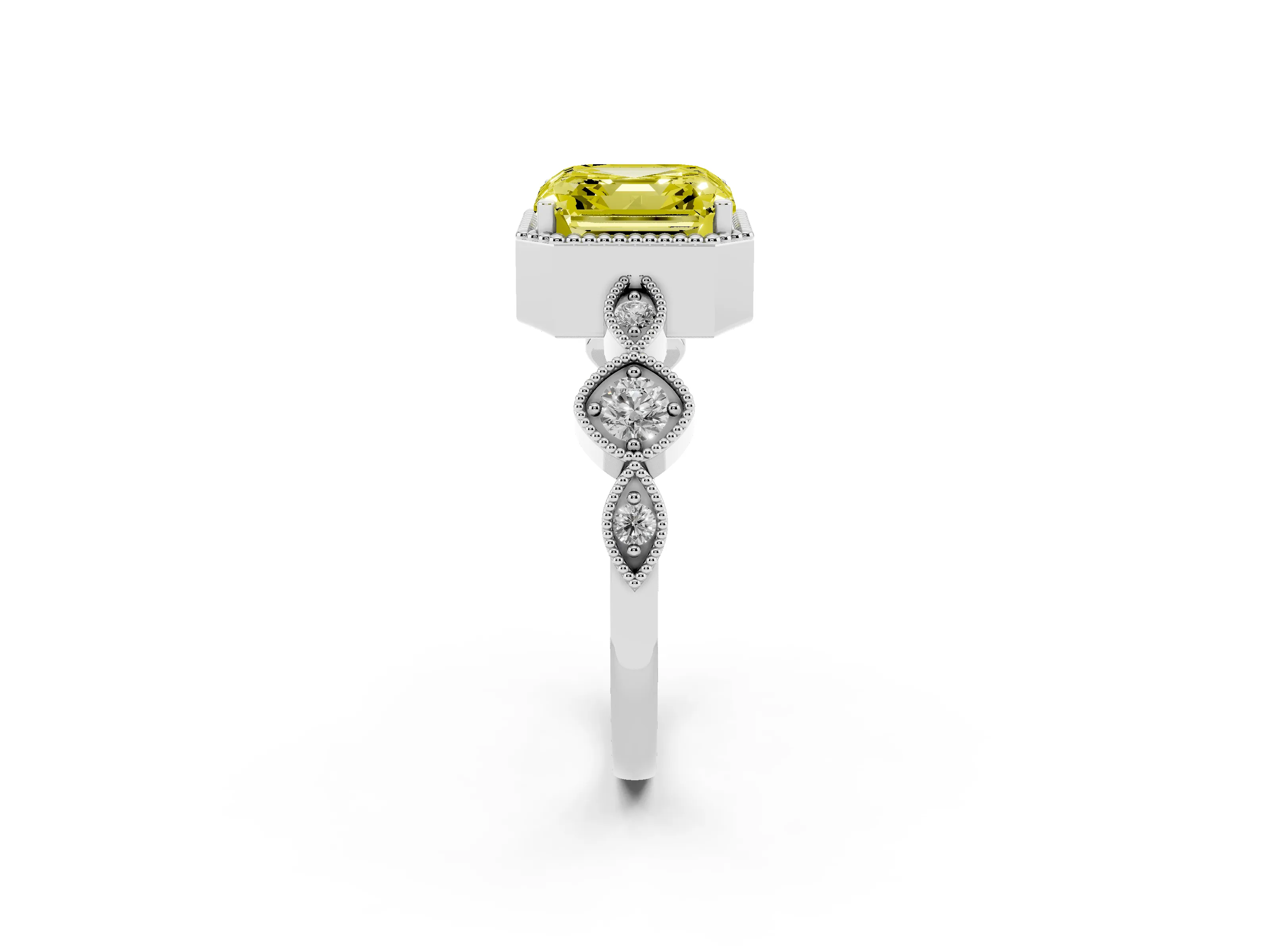 Fancy Yellow Asscher Cut Diamond Vintage-Inspired Milgrain Ring Set in White gold with Marquise Stations of Round Accents