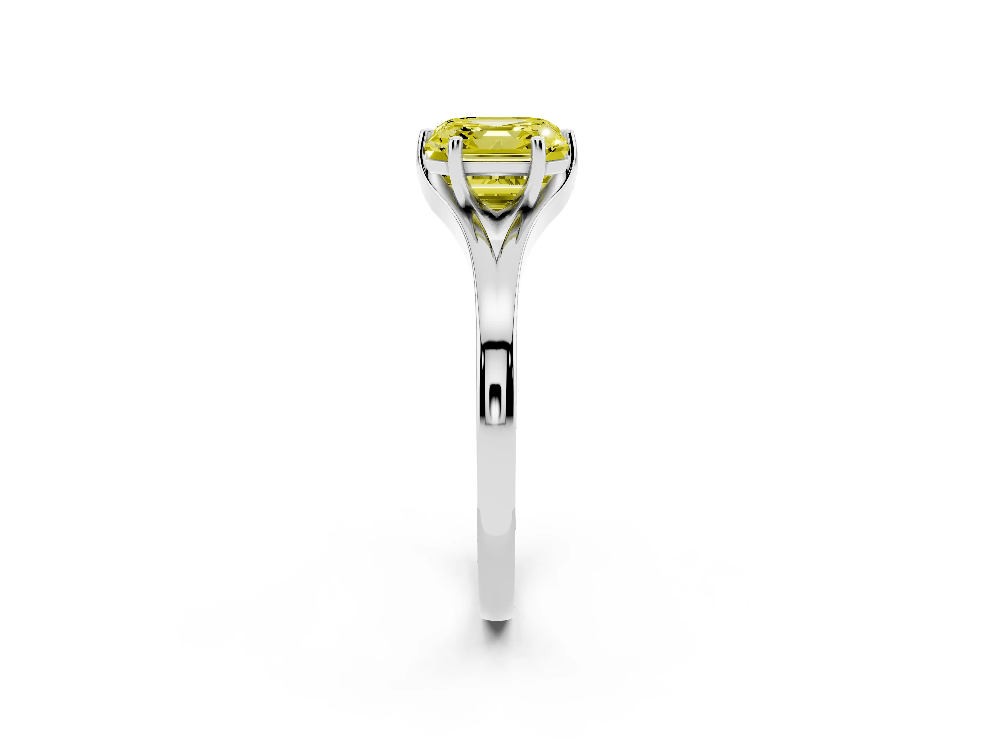 Fancy Yellow Asscher Cut Diamond Solitaire Ring Set in White gold with Polished Tapered Band and Prong Setting