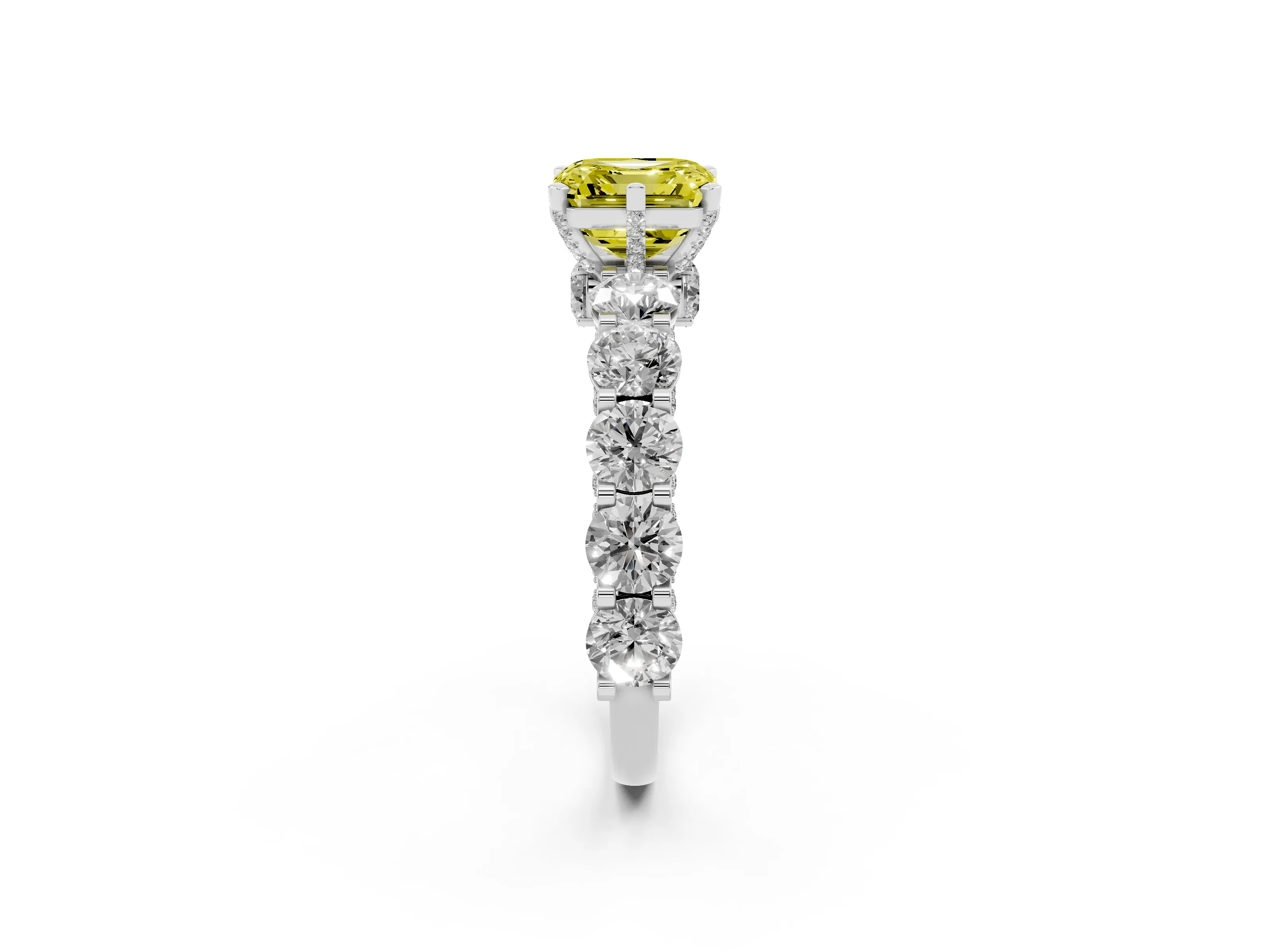 Fancy Yellow Asscher Cut Diamond Side Stone Ring Set in Platinum with Alternating Round and Oval Side Stones