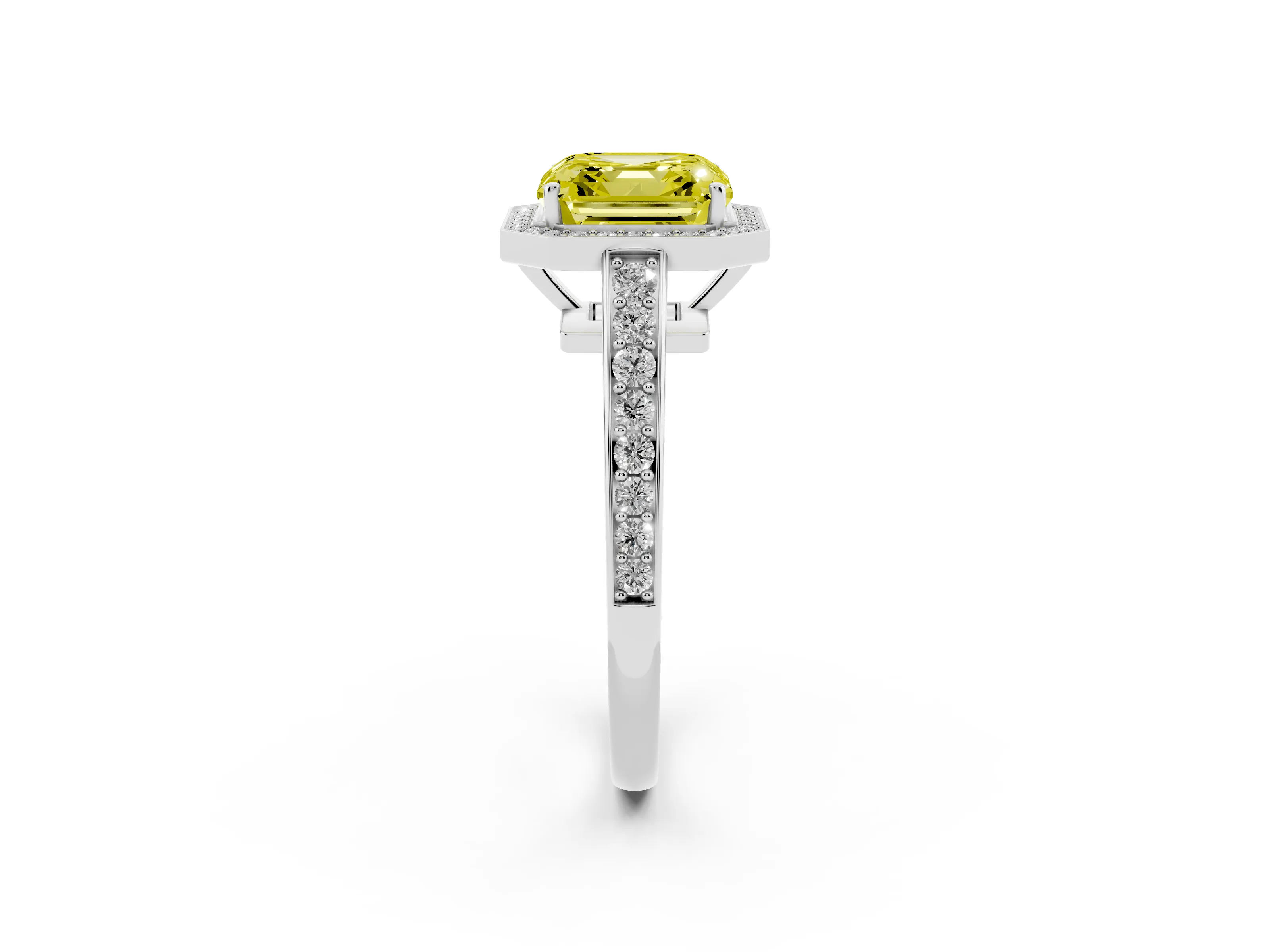 Fancy Yellow Asscher Cut Diamond Halo Pavé Engagement Ring Set in Platinum with Bezel Setting