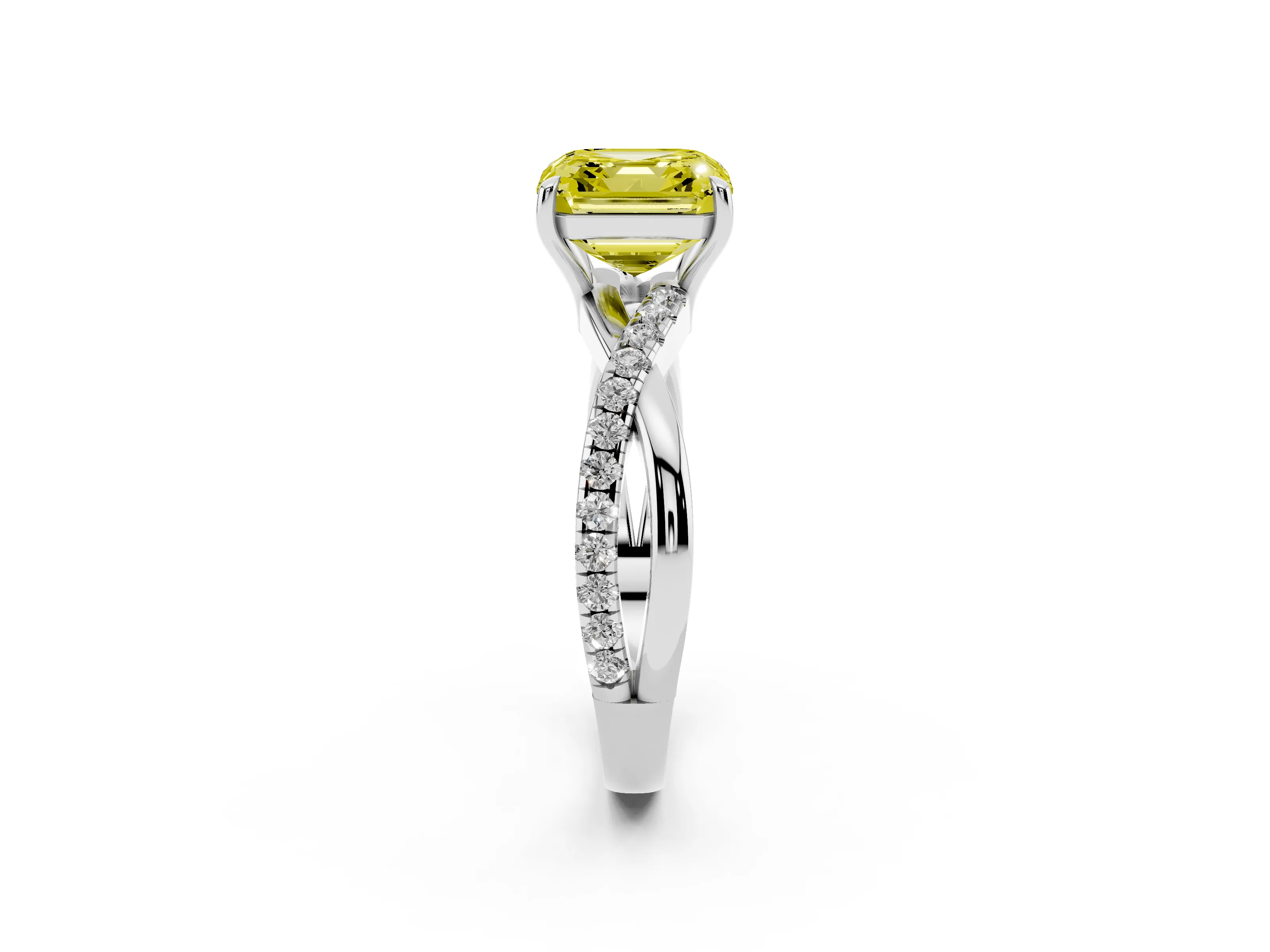 Fancy Yellow Asscher Cut Diamond Twisted Pavé Band Ring Set in Silver with Prong Setting