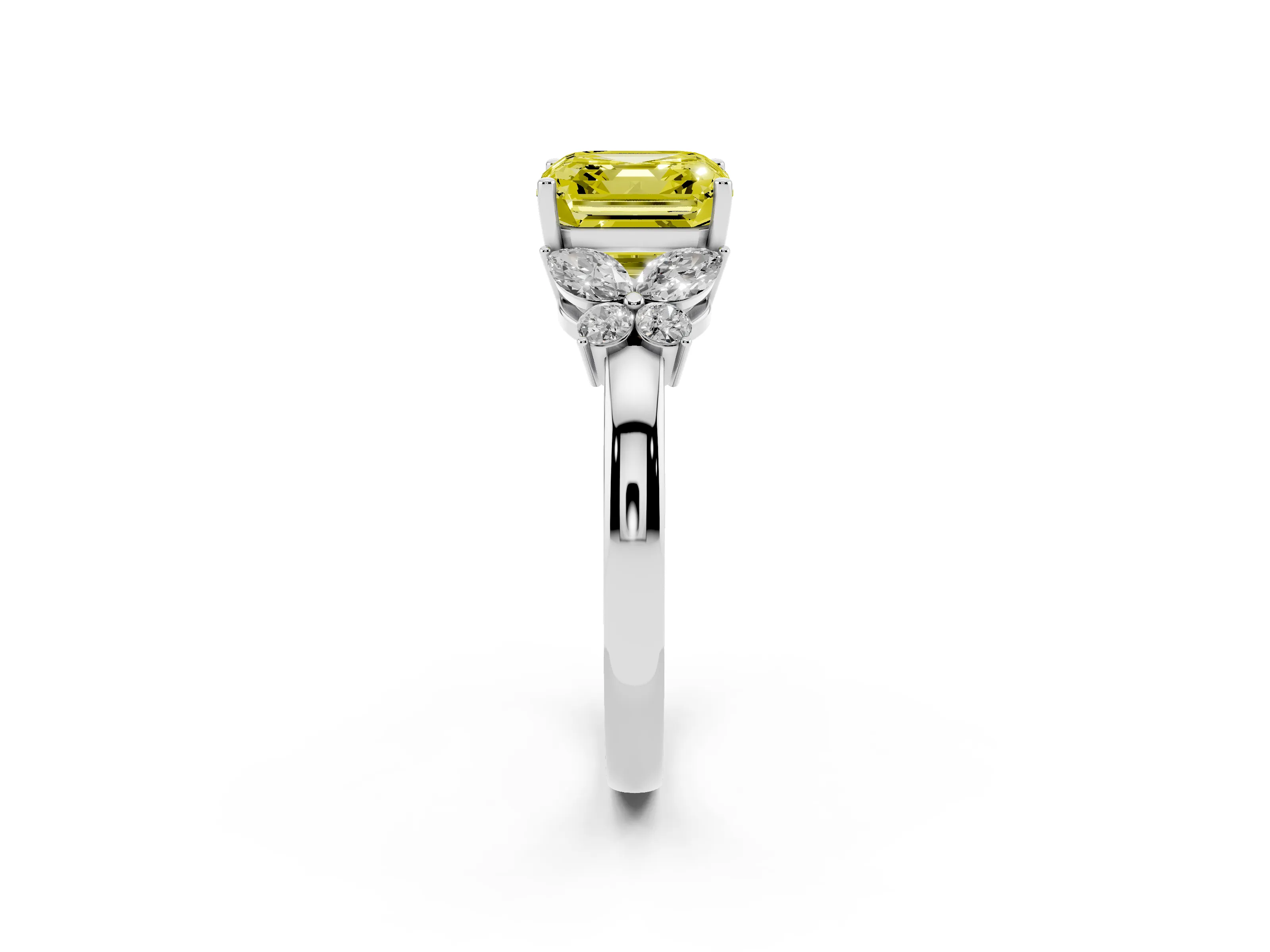 Fancy Yellow Asscher Cut Diamond Solitaire Floral Ring Set in White gold with Marquise Petals and Prong Setting