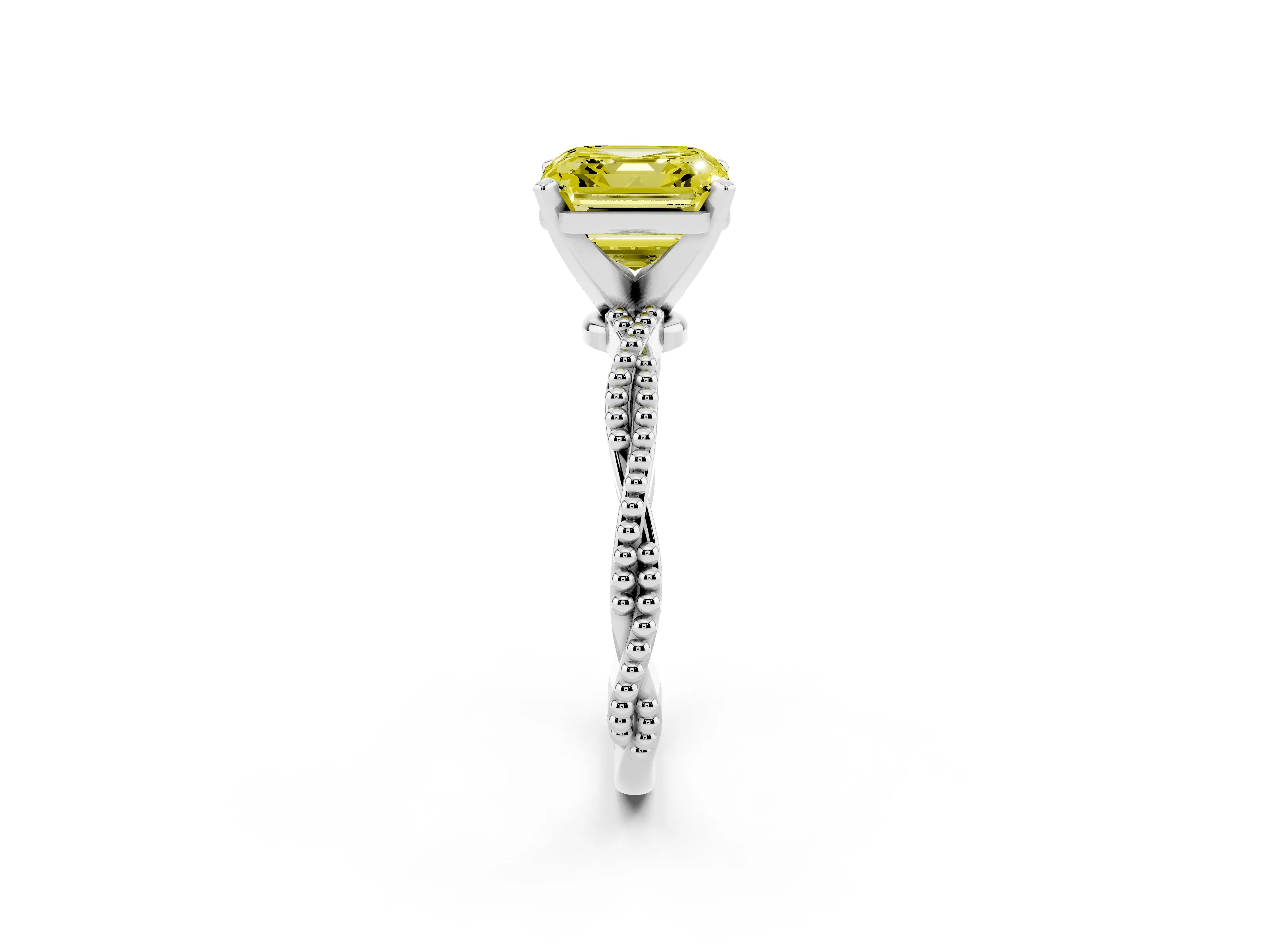 Fancy Yellow Asscher Cut Diamond Solitaire Ring Set in Platinum with Twisted Band and Bead Prong Setting