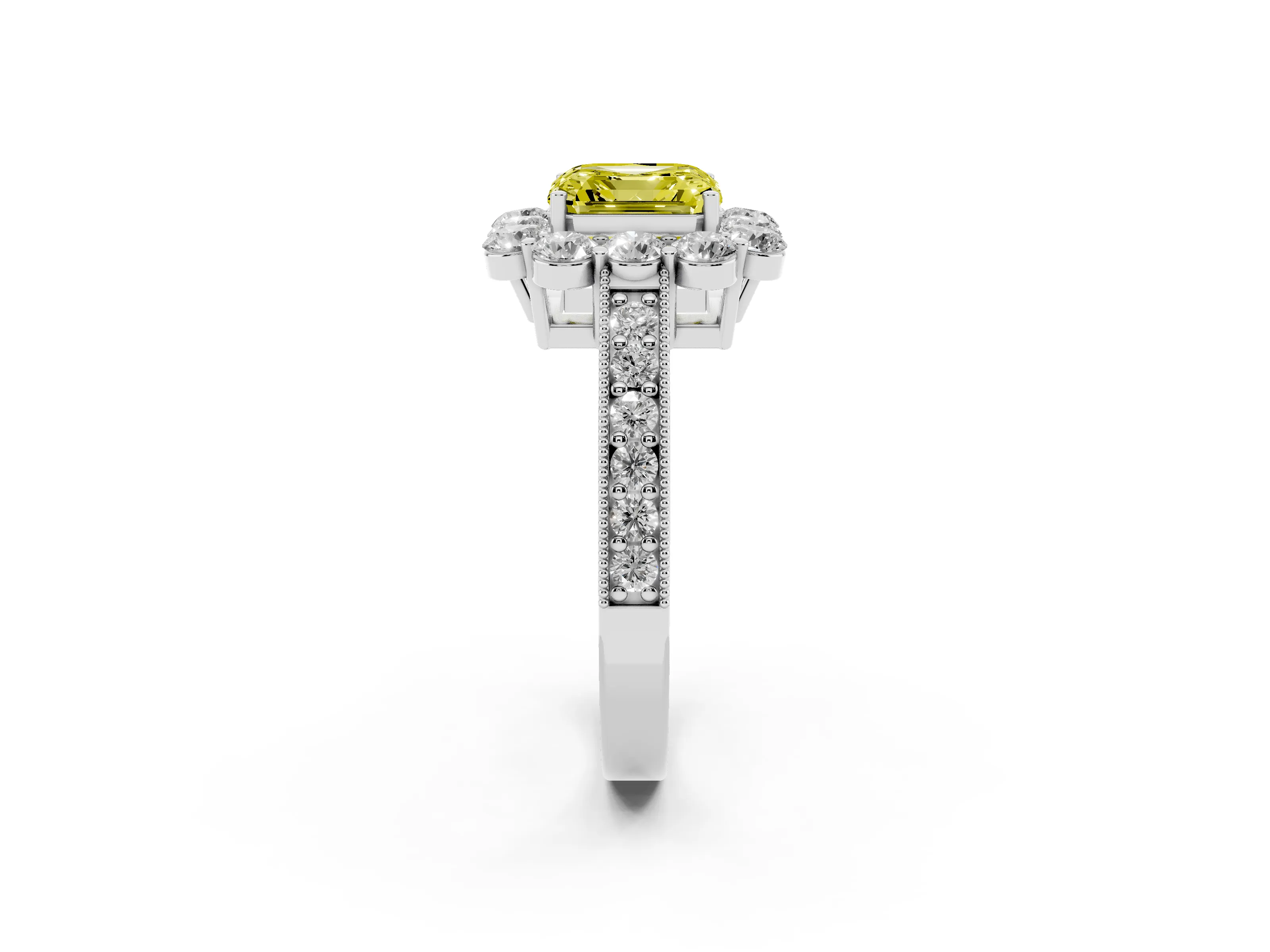 Fancy Yellow Asscher Cut Diamond Halo Pavé Engagement Ring Set in White gold with Milgrain Detailing