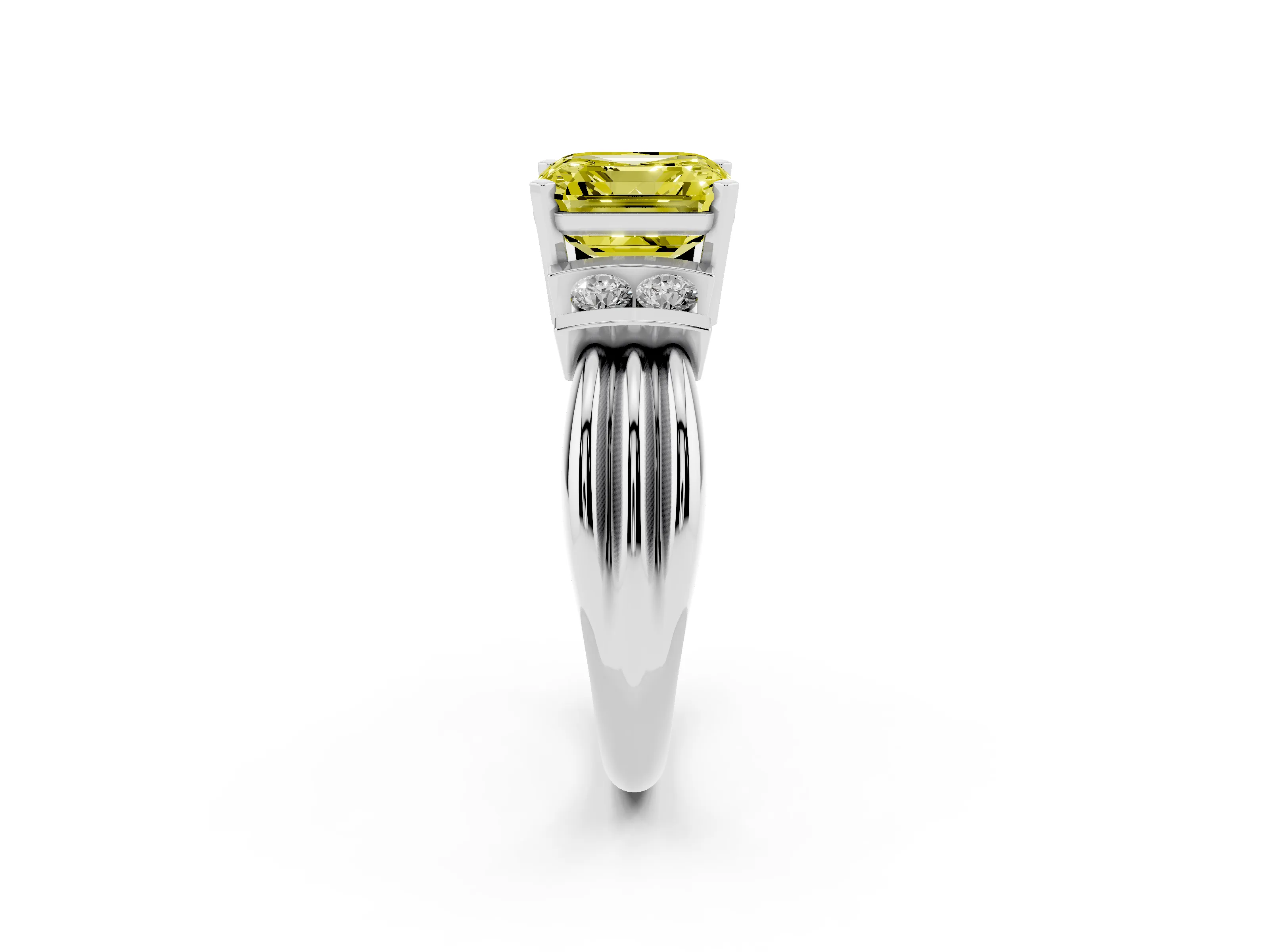 Fancy Yellow Three-Stone Asscher Cut Diamond Channel Set Ring Set in Silver with Bar Prongs