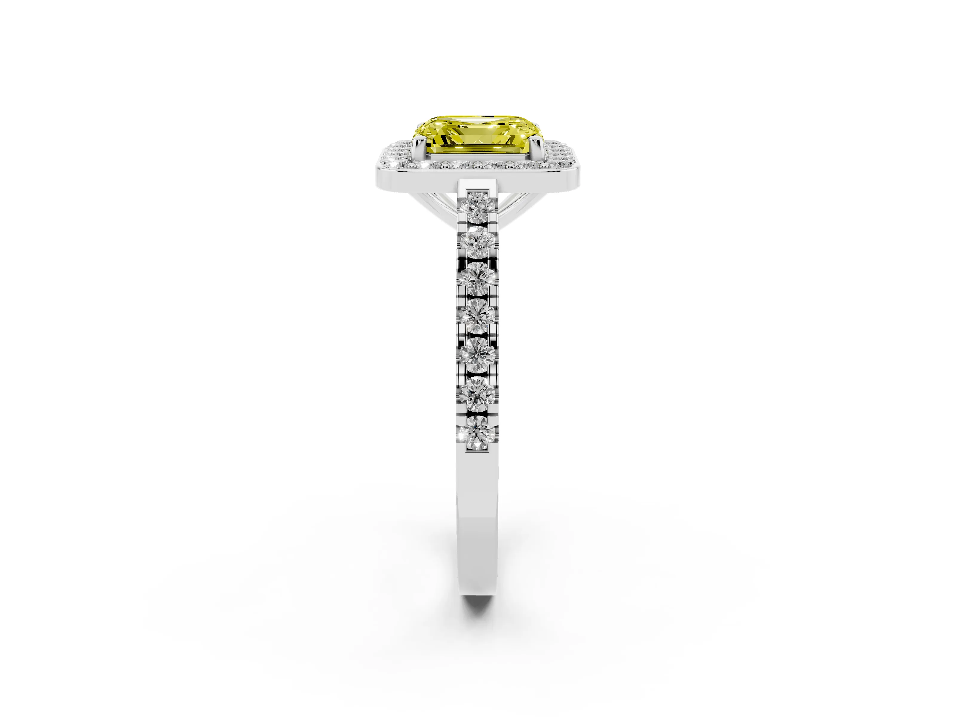 Fancy Yellow Asscher Cut Diamond Halo Ring Set in White gold with Round Pavé Split Shank and Prong Setting