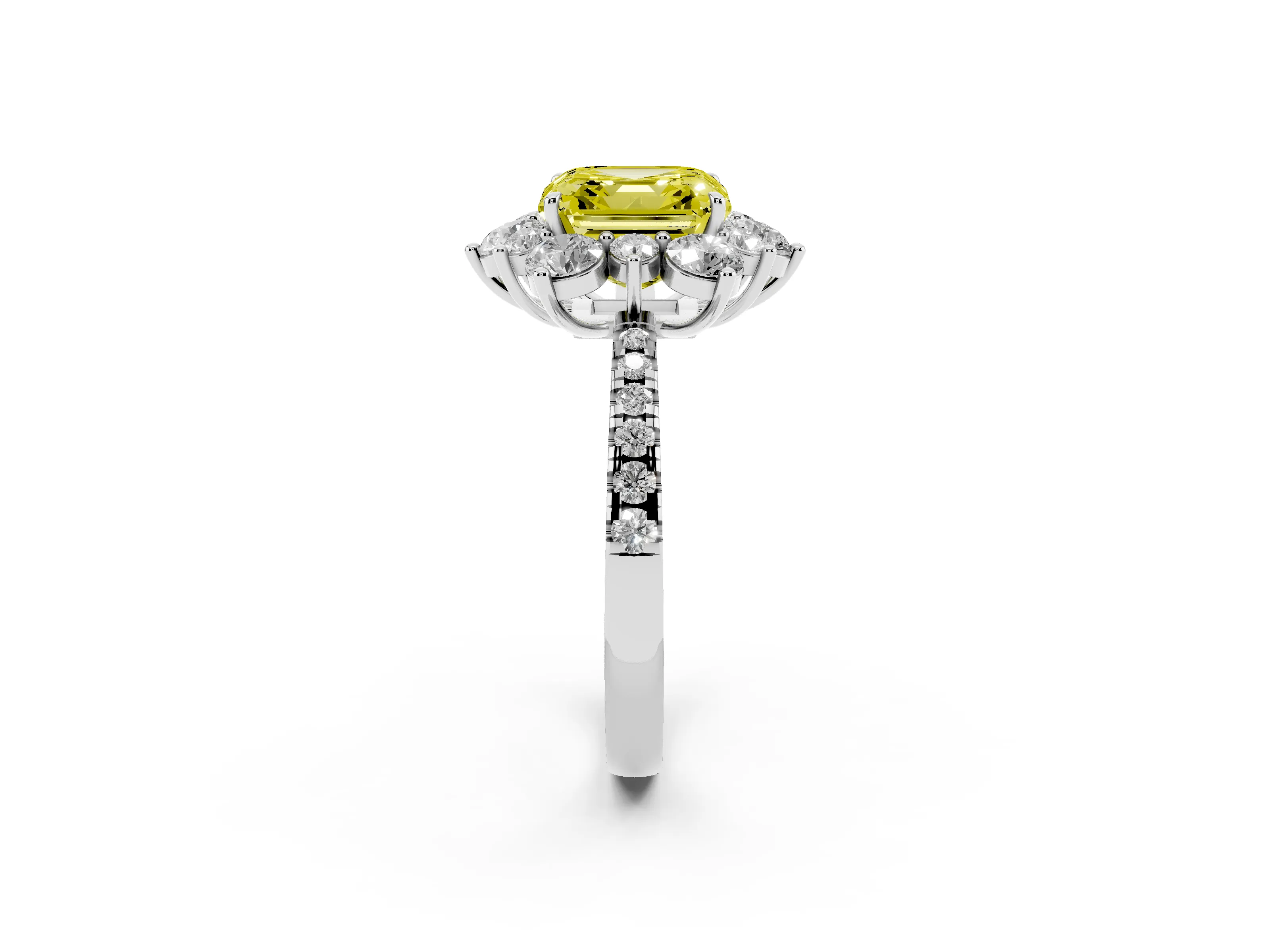 Fancy Yellow Asscher Cut Diamond Floral Halo Ring Set in White gold with Round Pavé Band and Prong Setting