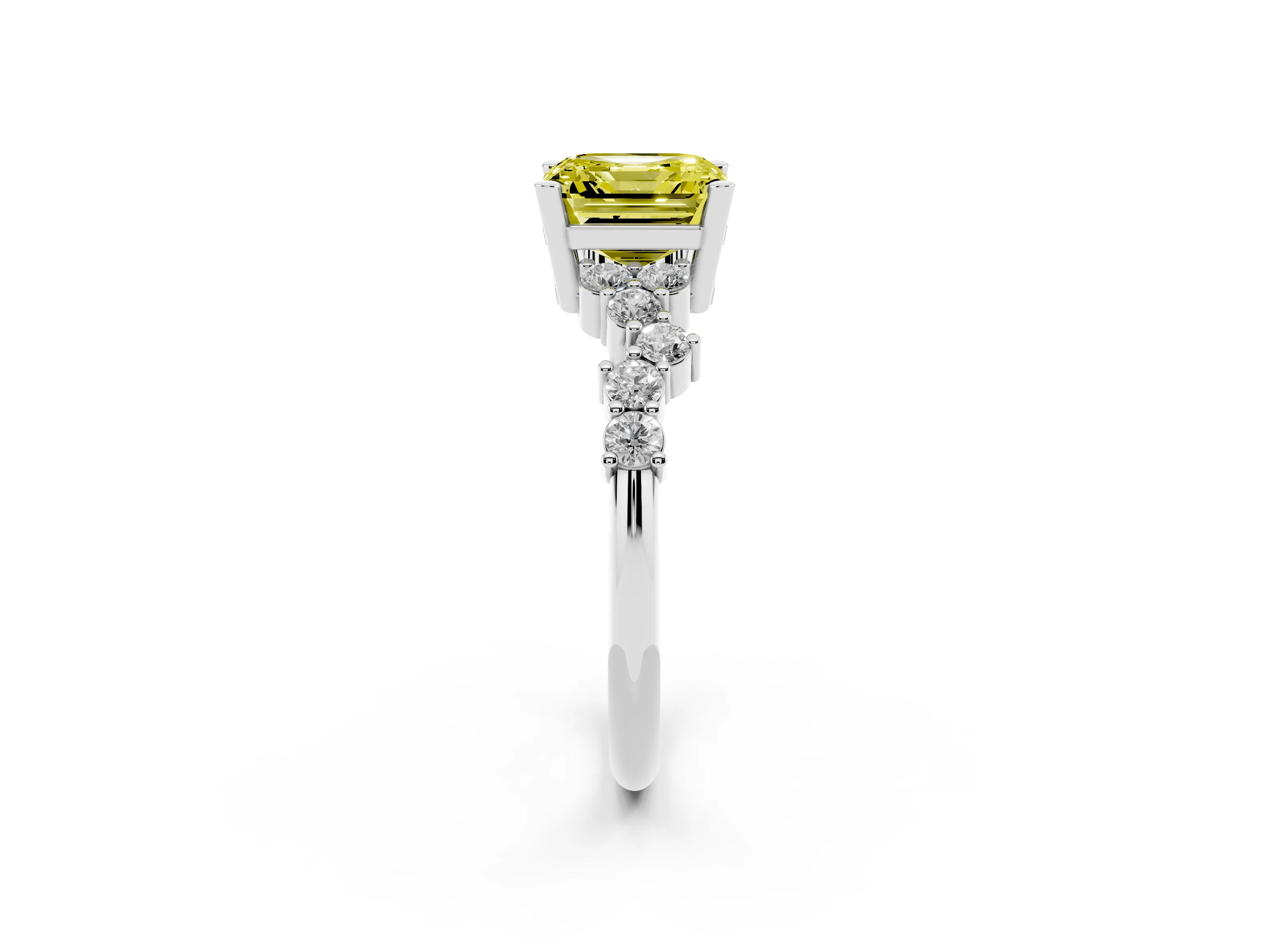 Fancy Yellow Asscher Cut Diamond Ring Set in Platinum with Scattered Round Accents
