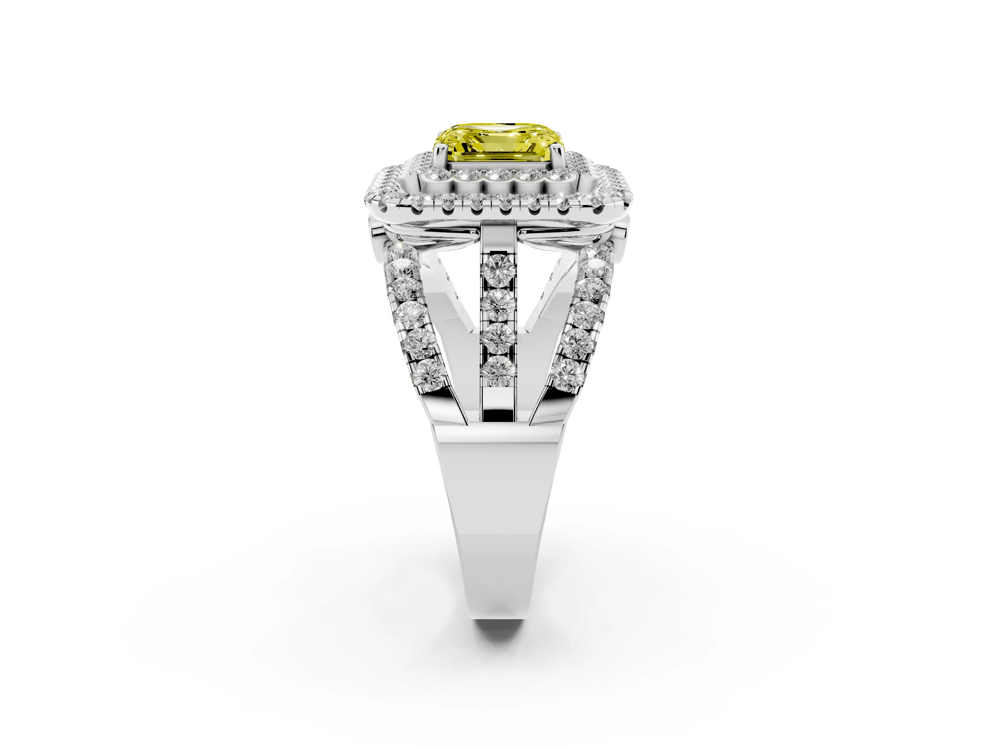 Fancy Yellow Asscher Cut Diamond Double Halo Ring Set in White gold with Round Pavé Split Shank