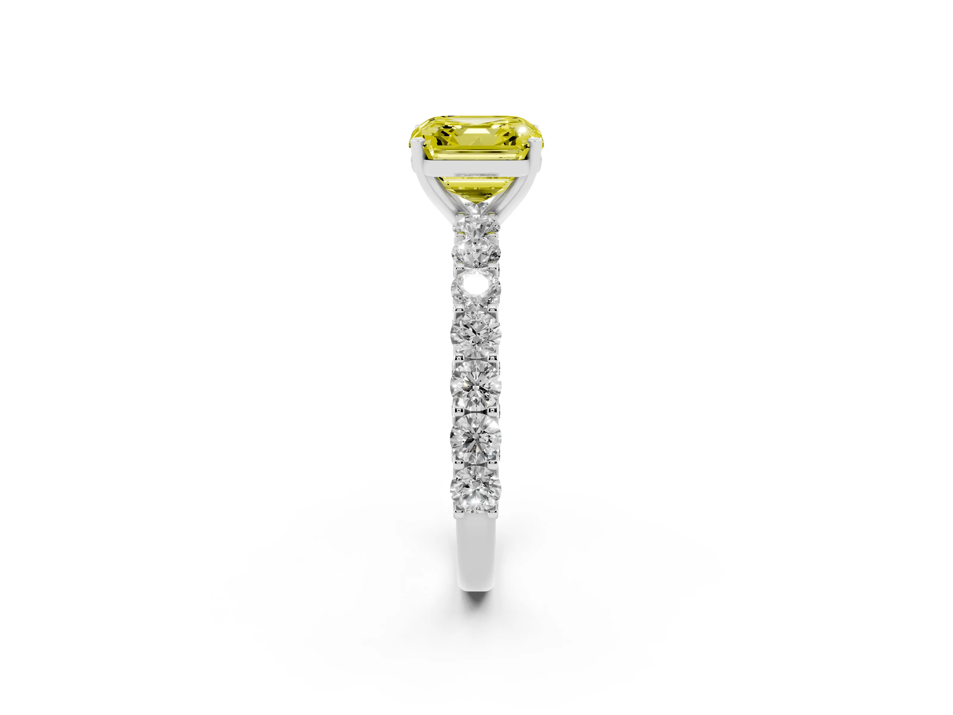 Fancy Yellow Asscher Cut Diamond Solitaire Ring Set in Platinum with Shared Prong Pavé Band